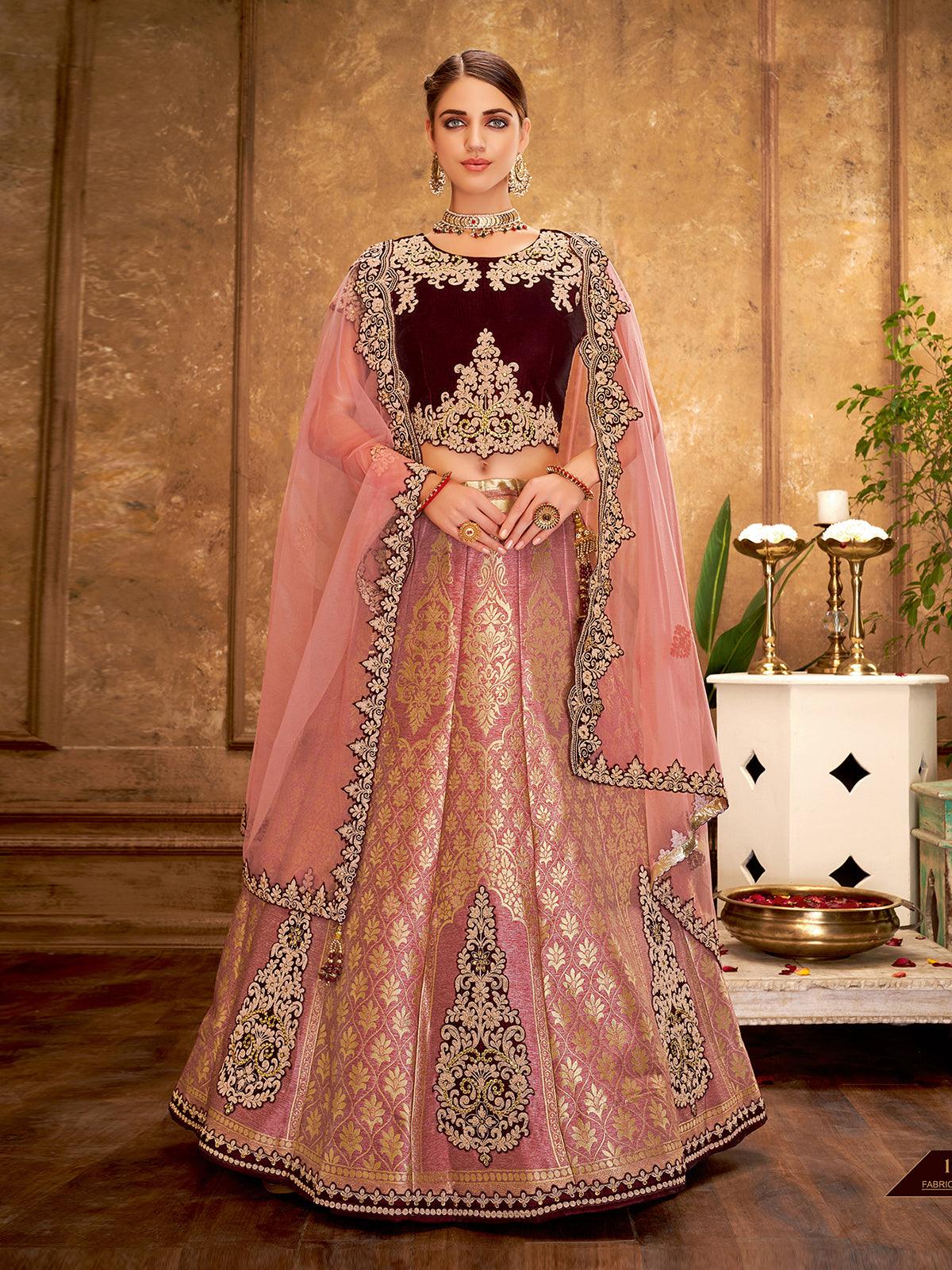 Women's Pink Weaved Silk Designer Lehenga Choli - Odette