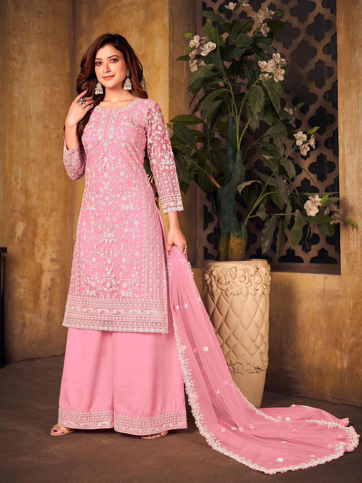 Women's Pink Embroidered Plazzo Suit Set - Odette