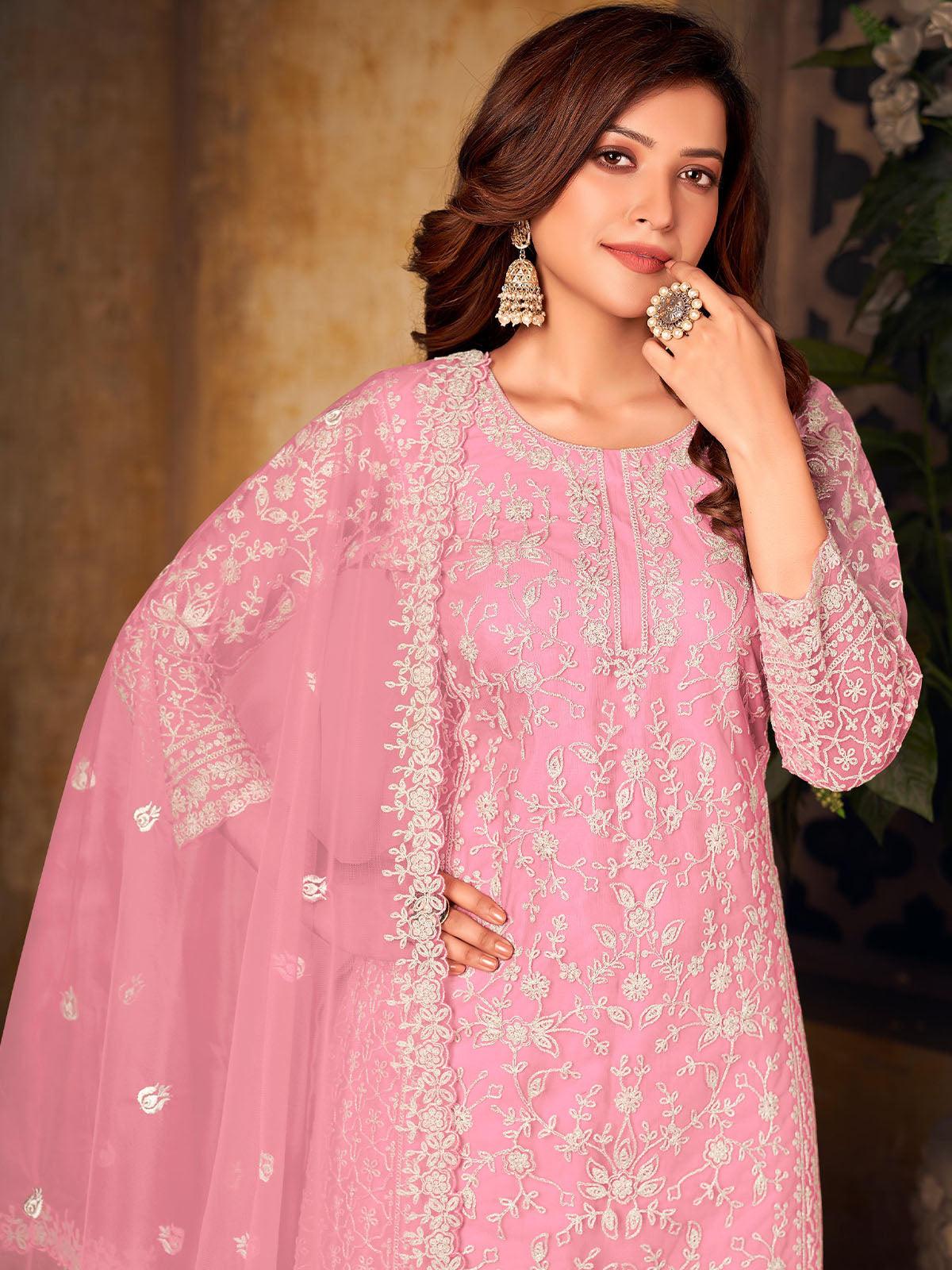 Women's Pink Embroidered Plazzo Suit Set - Odette