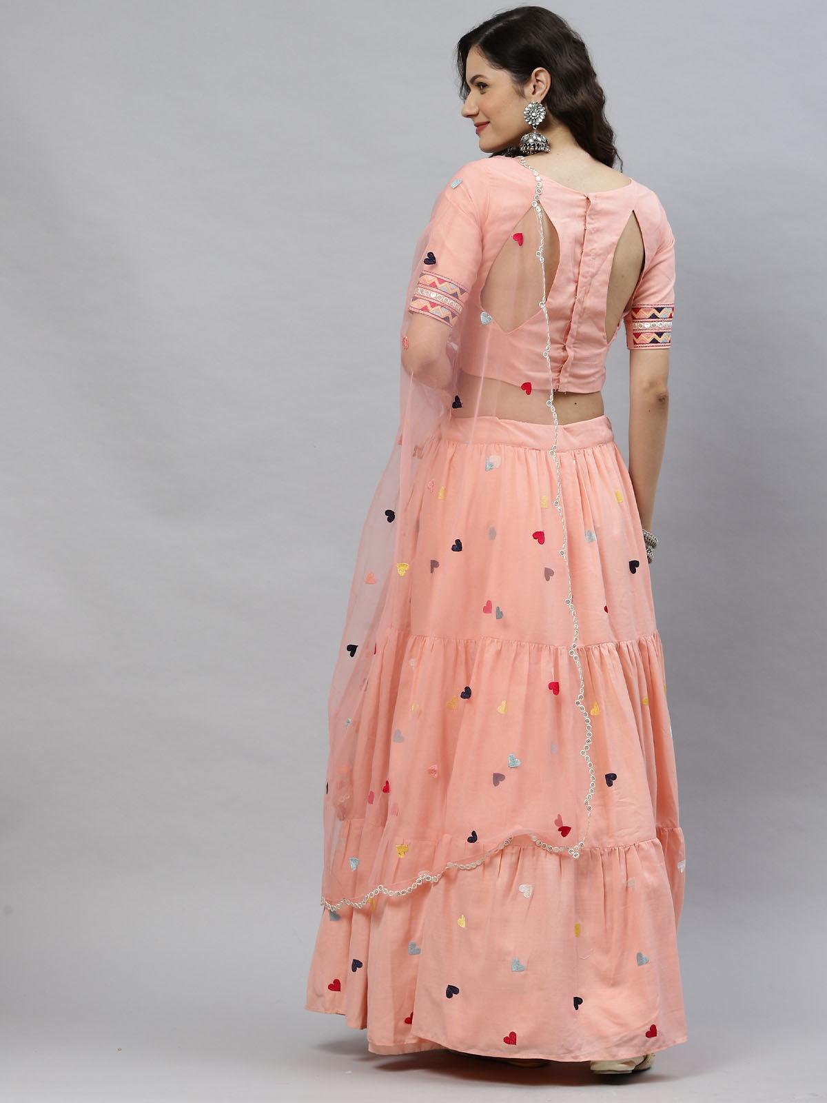 Women's Pink Embroidered Cotton Lehenga Set - Odette