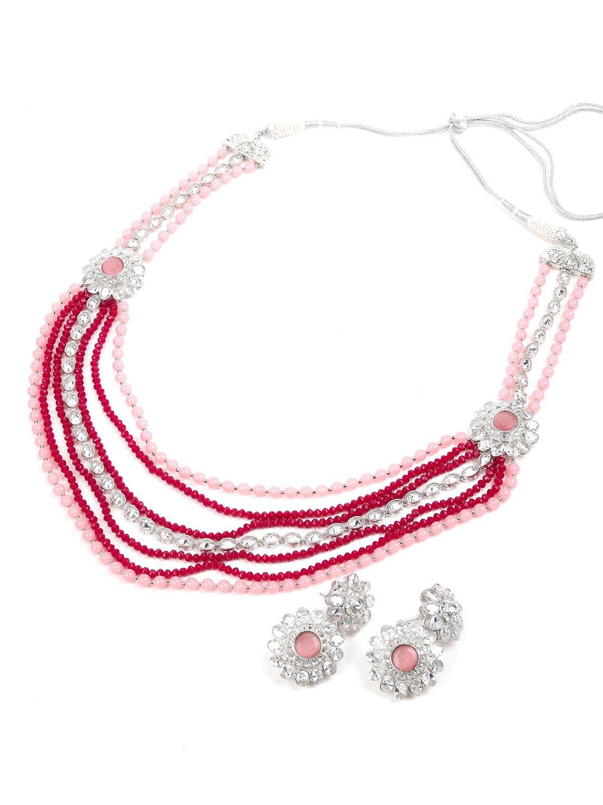 Women's Pink&Red Multi-String Necklace Set - Odette