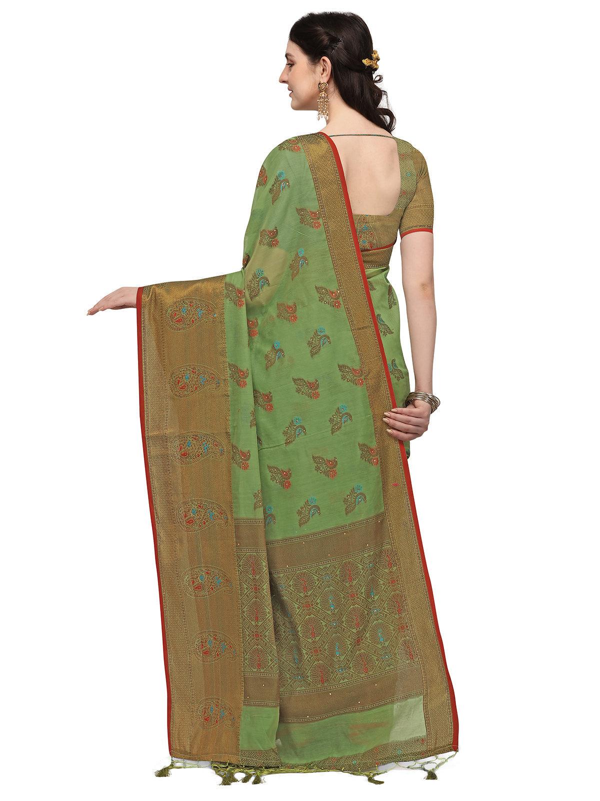 Women's Pista Colour Banarasi Silk Madhubani Work Saree - Odette