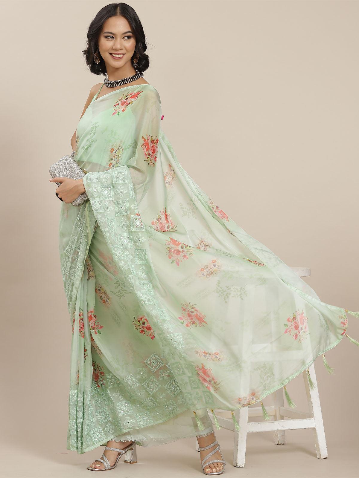 Women's Pista Designer Silk Blend Embroidered Saree - Odette