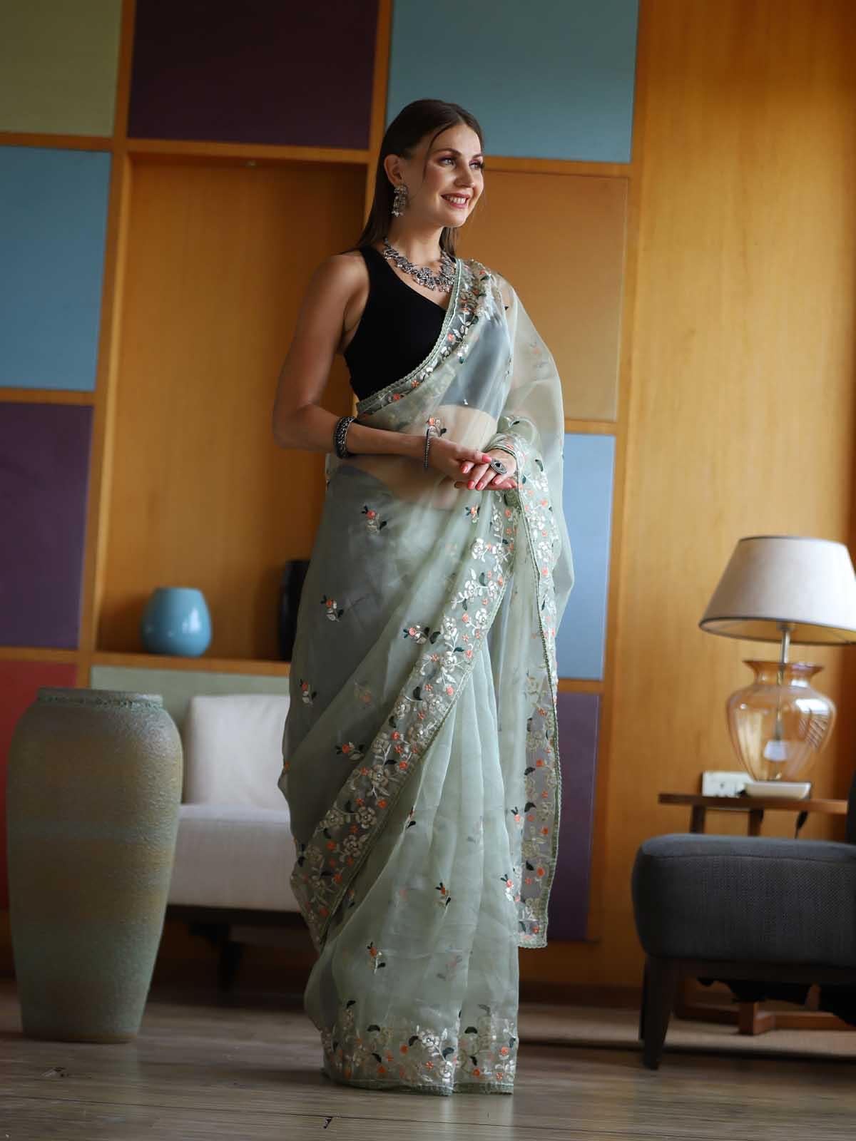 Women's Pista Organza Embroidery Saree With Blouse - Odette