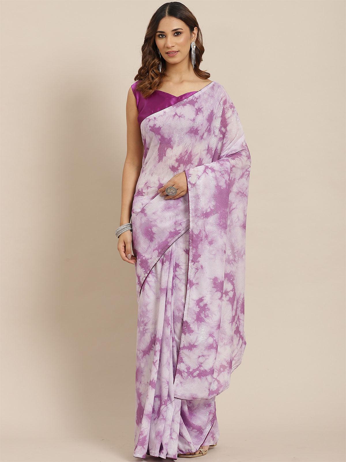 Women's Poly Silk Purple Embellished Saree With Blouse Piece - Odette