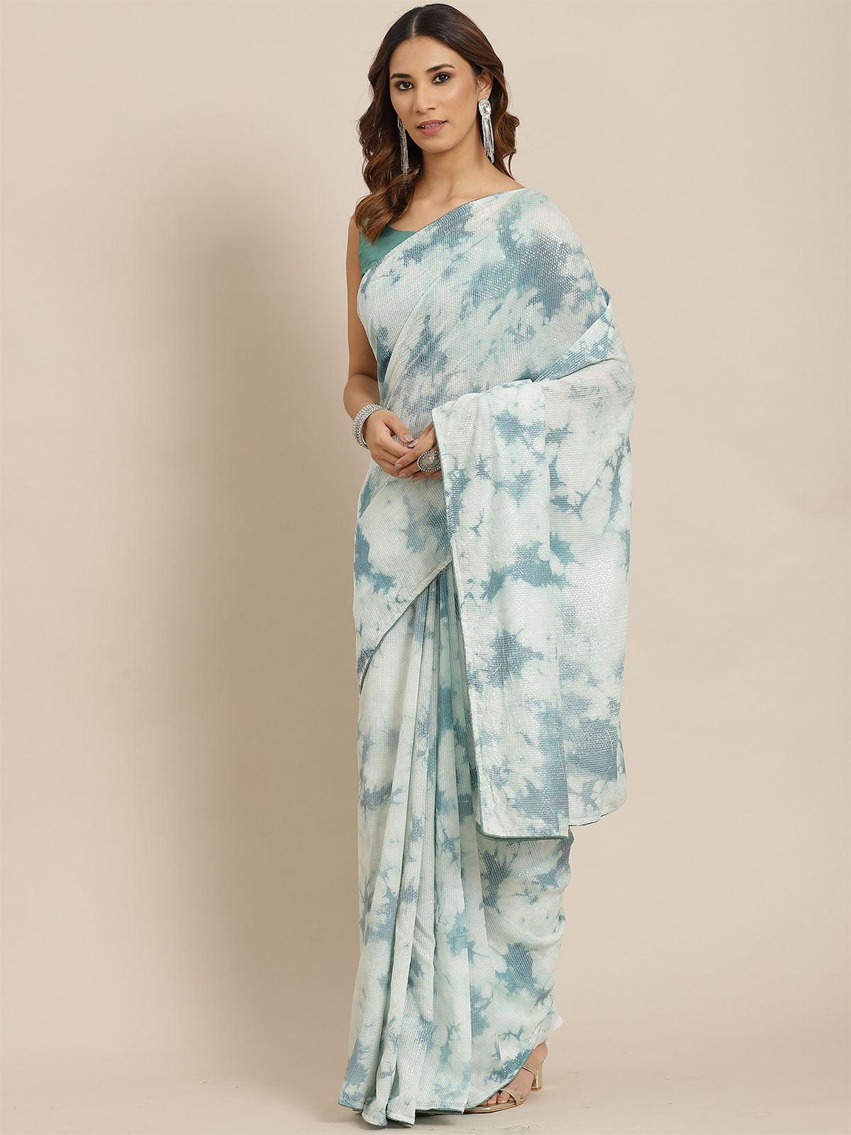 Women's Poly Silk Teal Green Embellished Saree With Blouse Piece - Odette