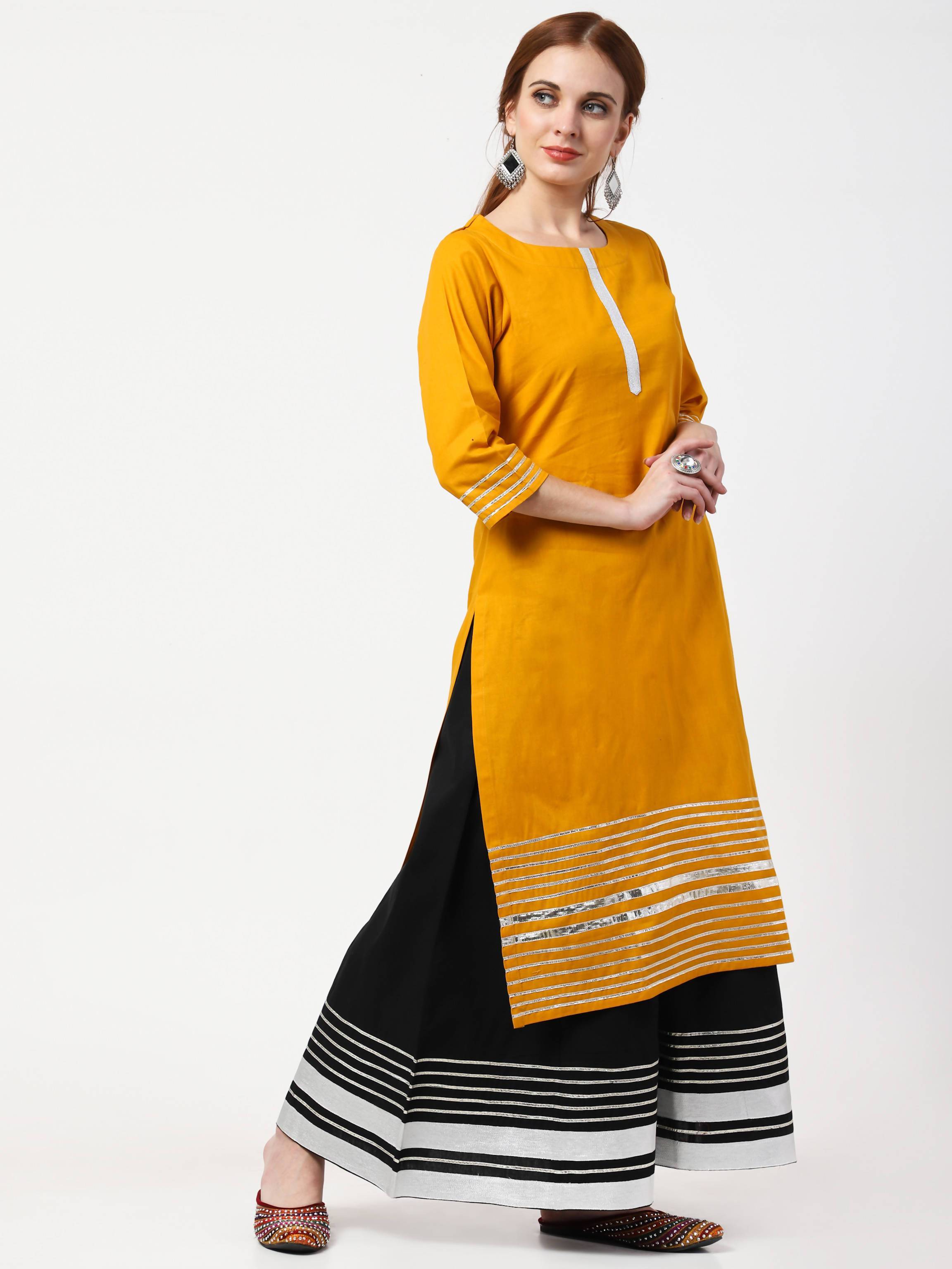 Women's Black & Mustard Cotton Kurta Sharara Dupatta Set - Cheera