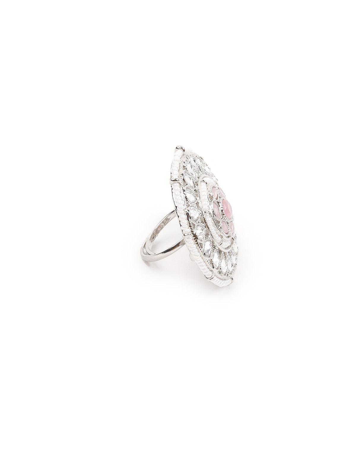Women's Pretty White And Pink Embellished Finger Ring - Odette