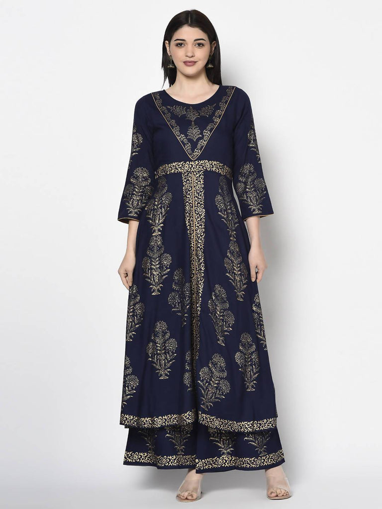 Women's Navy Blue Rayon Foil print Anarkali kurta