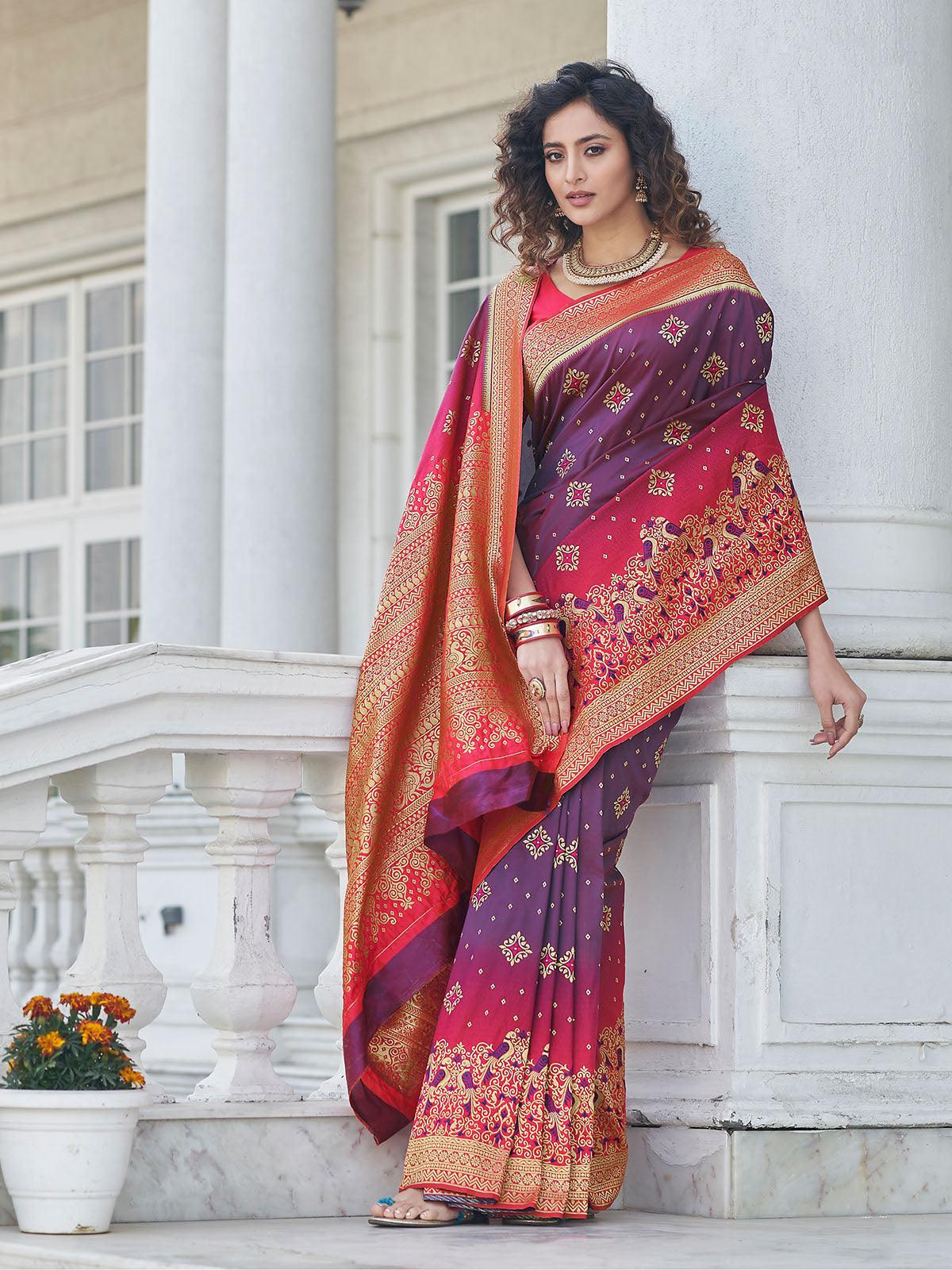 Women's Purple Banarasi Silk Heavy Jari Designer Saree - Odette