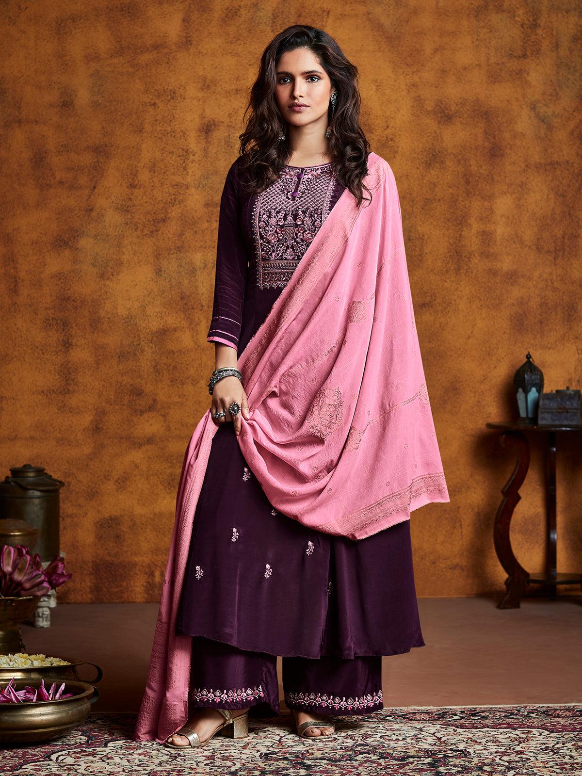 Women's Purple Color Fiyona Silk Designer Suit - Odette