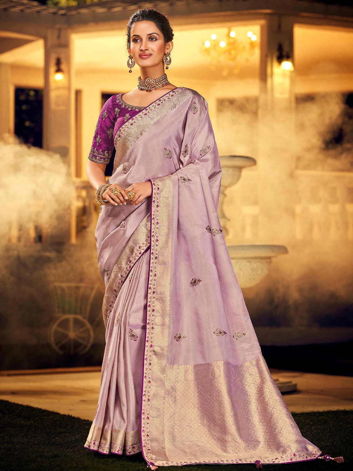 Women's Purple Color Viscose Dola Silk Saree Pair With Raw Silk Blouse - Odette