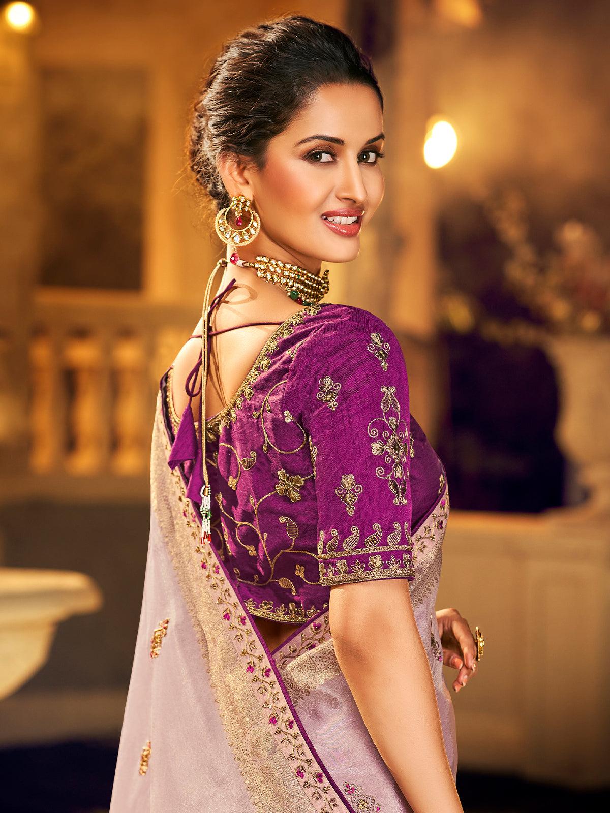 Women's Purple Color Viscose Dola Silk Saree Pair With Raw Silk Blouse - Odette