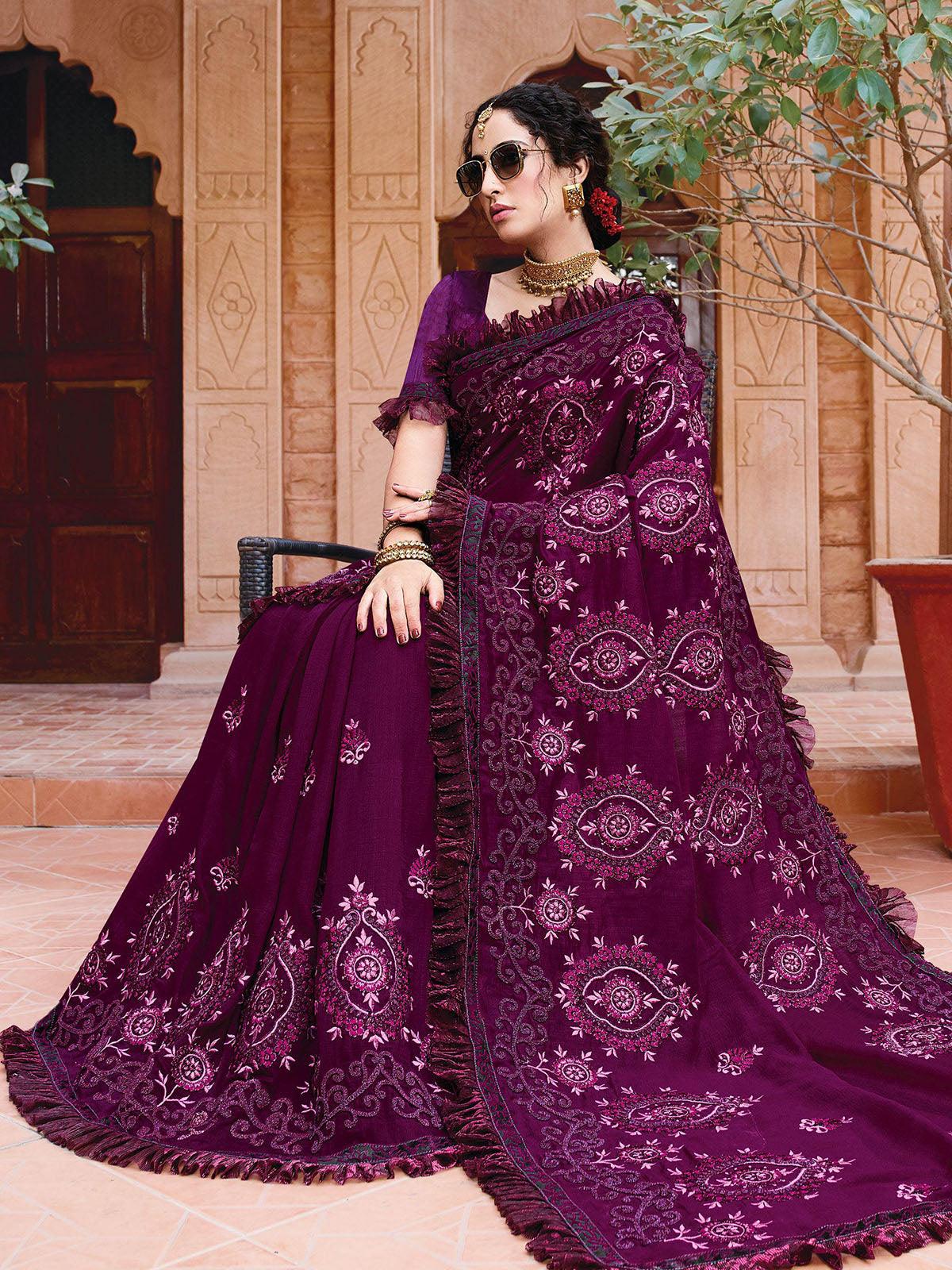 Women's Purple Designer Art Silk Heavy Embroidered Saree - Odette