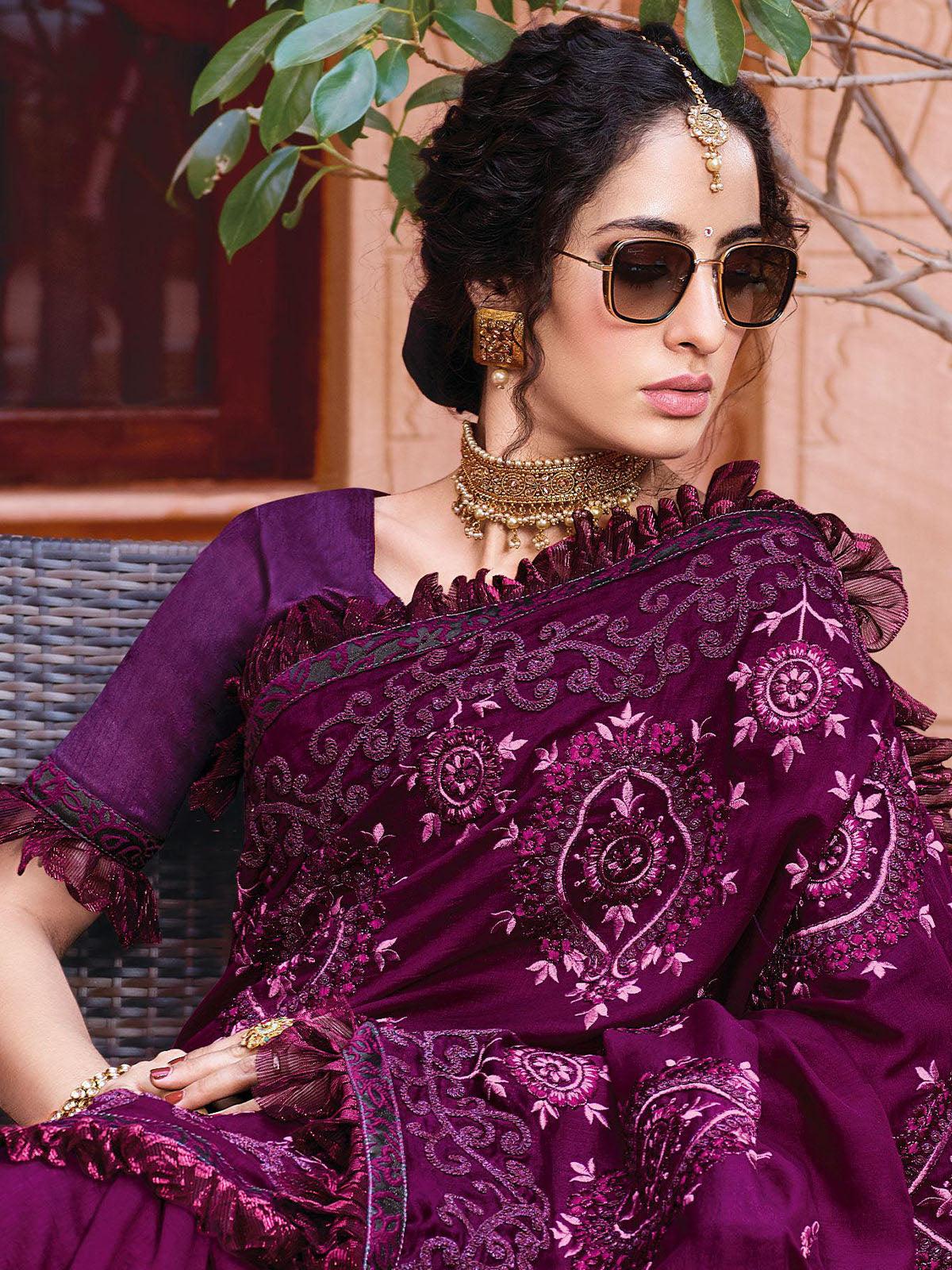 Women's Purple Designer Art Silk Heavy Embroidered Saree - Odette