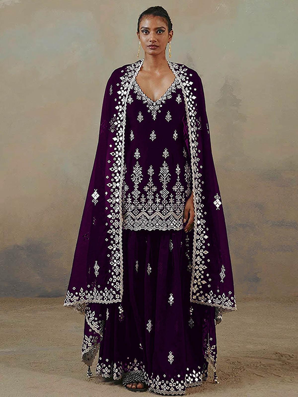 Women's Purple Embroidered Kurta- Sharara Set  - Odette