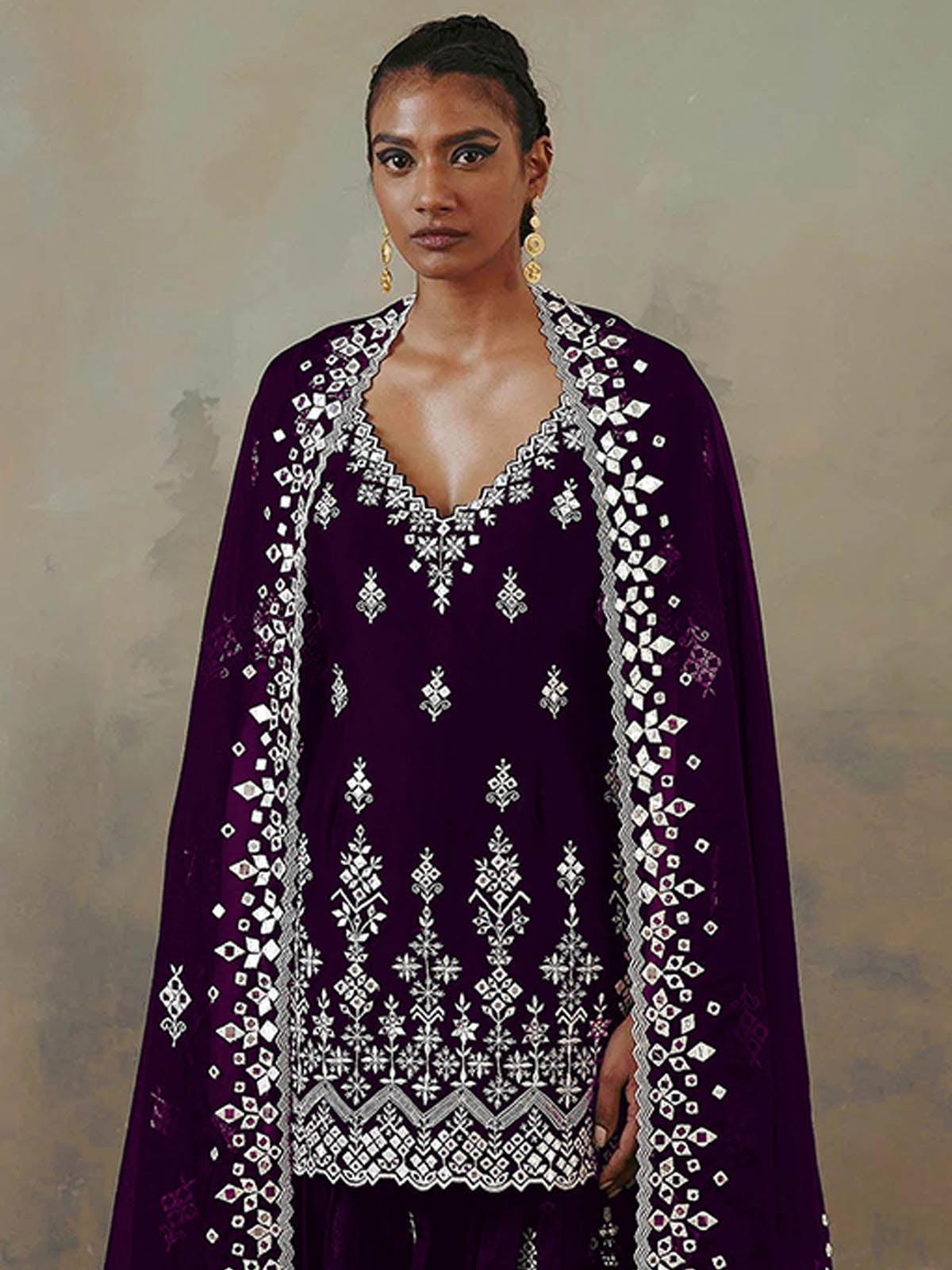 Women's Purple Embroidered Kurta- Sharara Set  - Odette