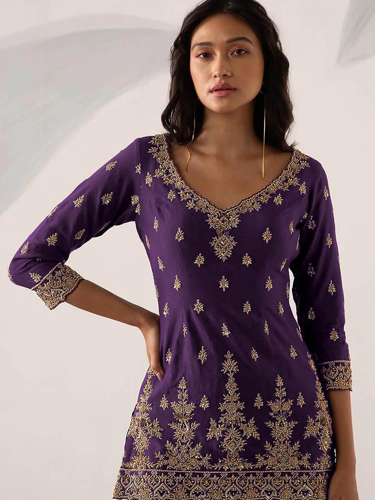 Women's Purple Embroidered Sharara Kurta Set - Odette