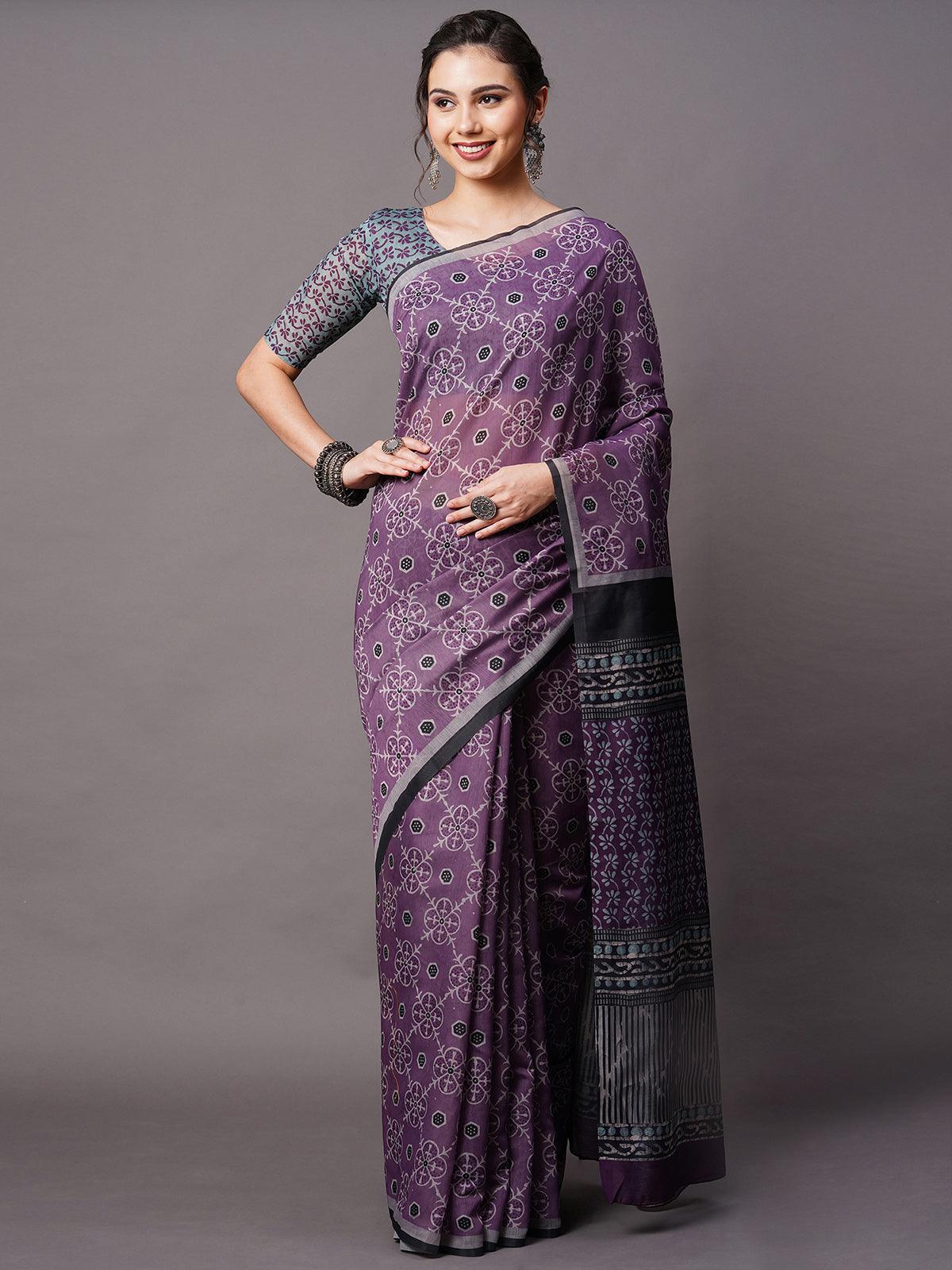 Women's Purple Festive Bhagalpuri Silk Printed Saree With Unstitched Blouse - Odette