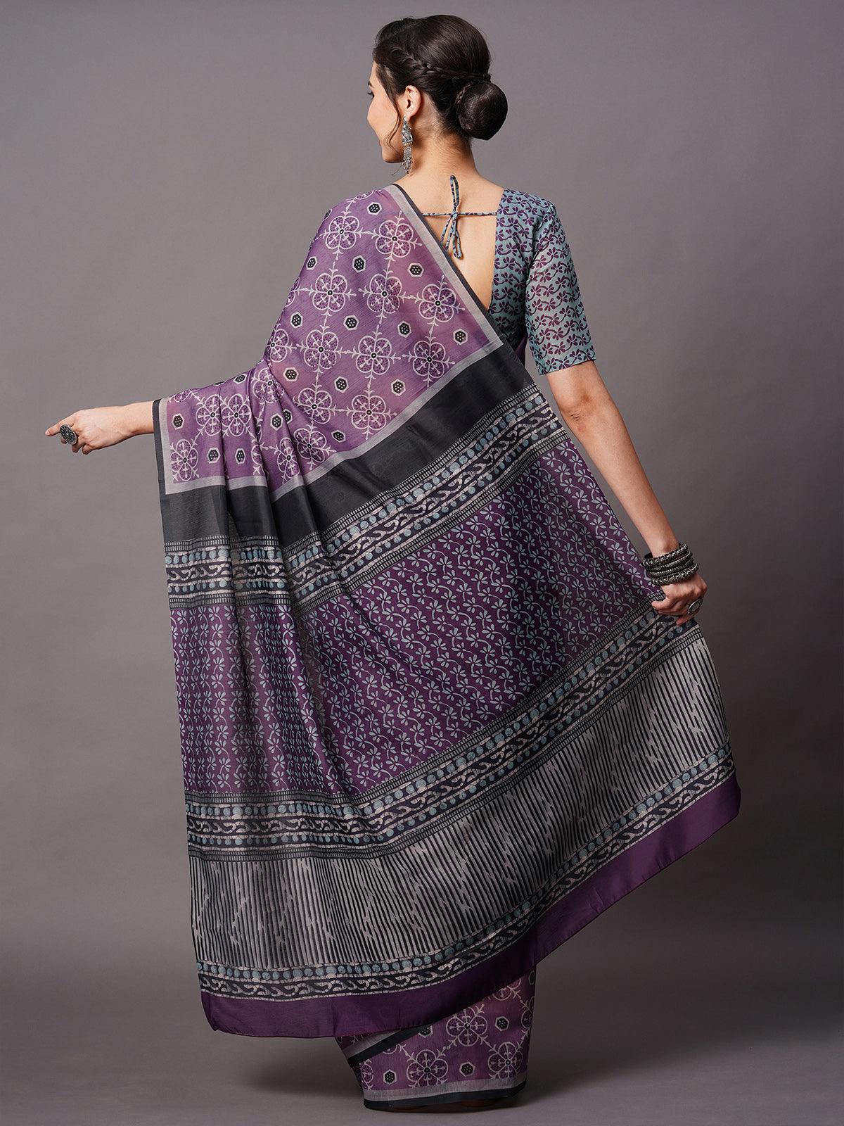 Women's Purple Festive Bhagalpuri Silk Printed Saree With Unstitched Blouse - Odette