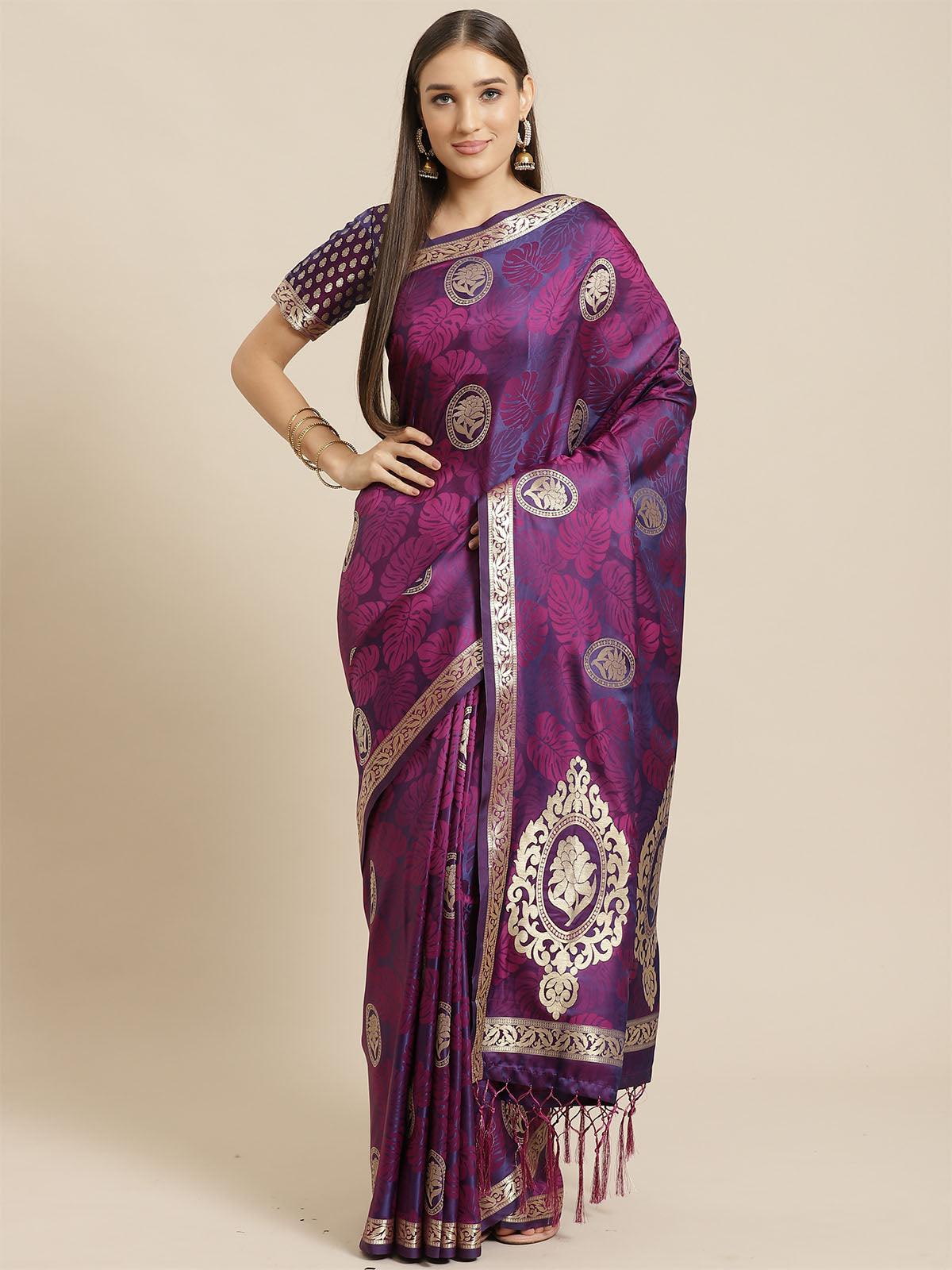 Women's Purple Festive Pure Satin Woven Saree With Unstitched Blouse - Odette