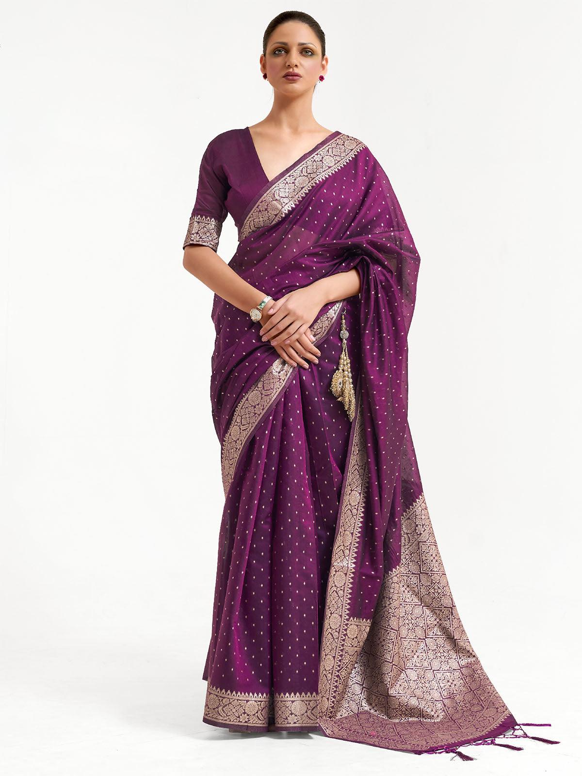 Women's Purple Festive Silk Blend Woven Design Saree With Unstitched Blouse - Odette