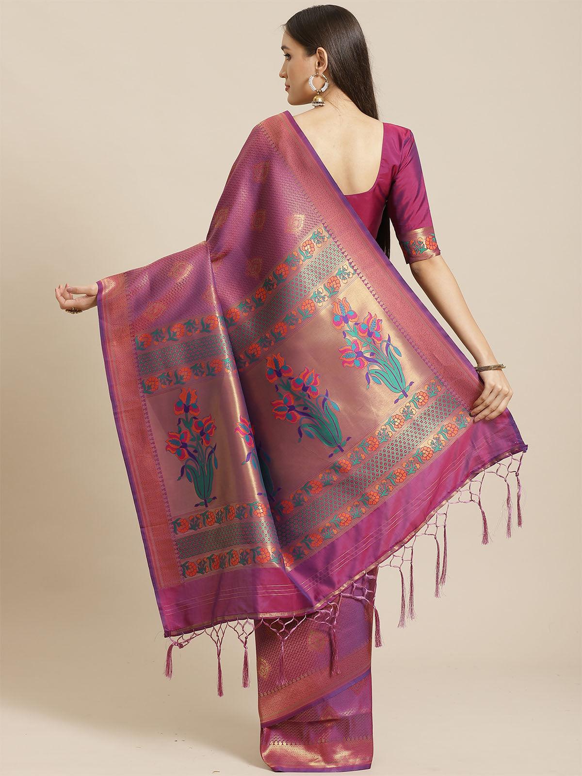 Women's Purple Festive Silk Blend Woven Saree With Unstitched Blouse - Odette