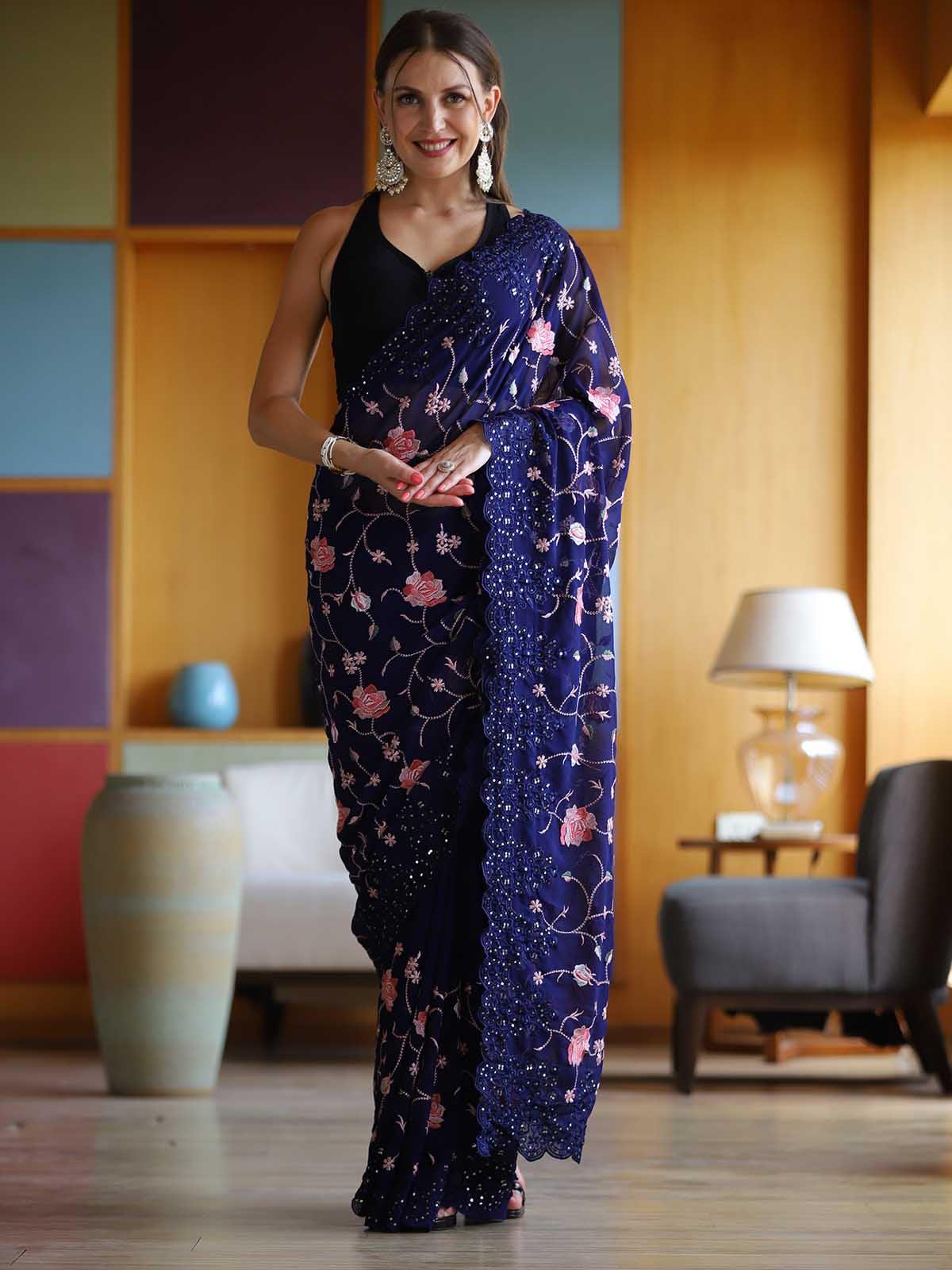 Women's Purple Georgette Embroidery Saree With Blouse - Odette