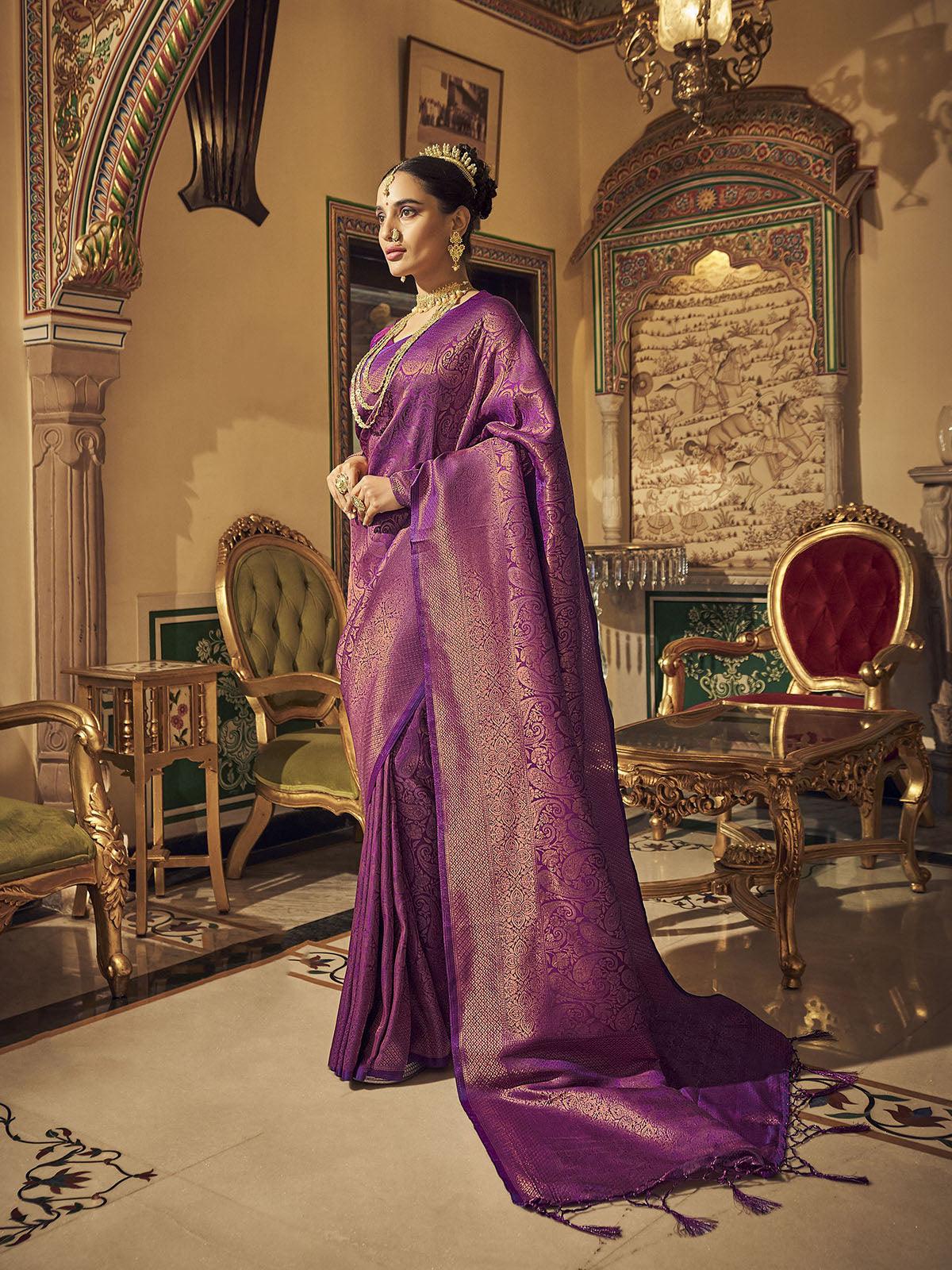 Women's Purple Heavy Handloom Silk Saree - Odette