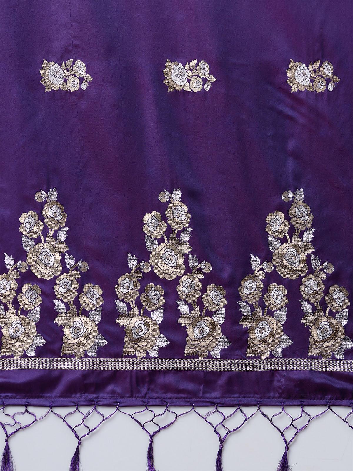 Women's Purple Party Wear Silk Blend Woven Design Saree With Unstitched Blouse - Odette