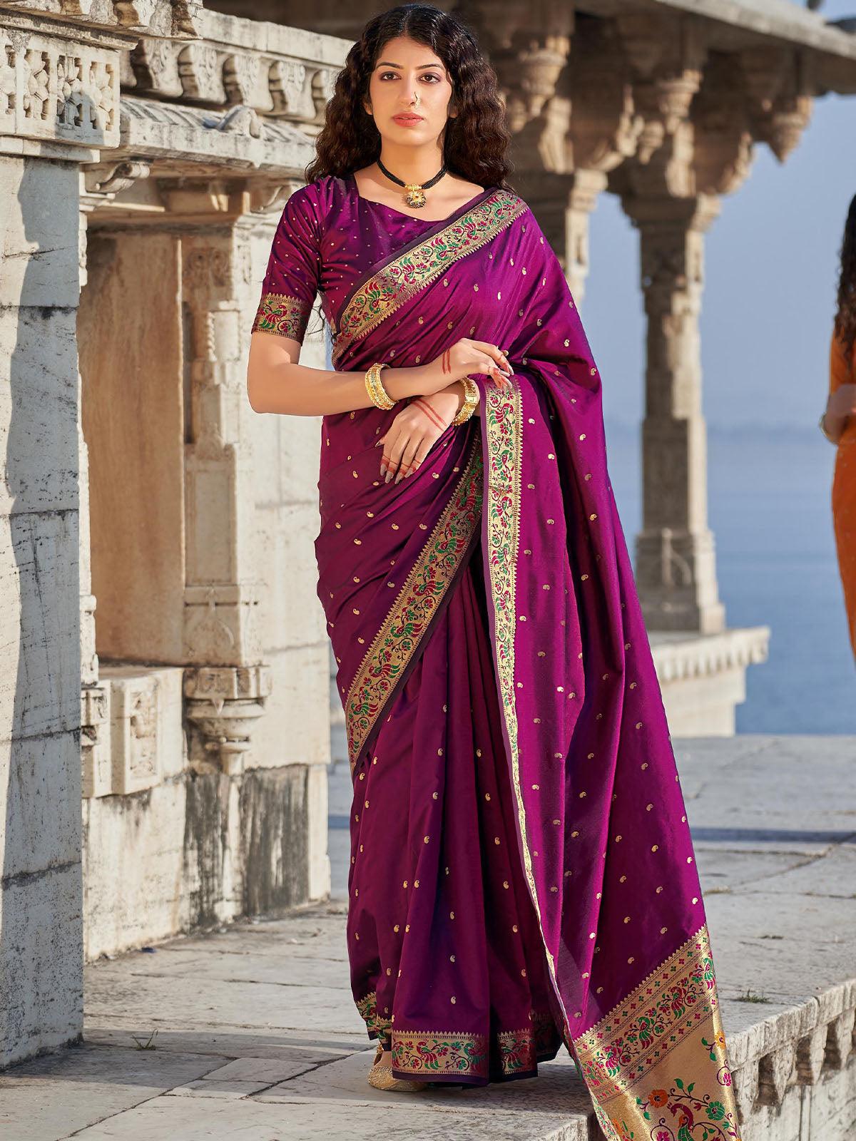 Women's Purple Unique Banarasi Silk Paithani Saree - Odette