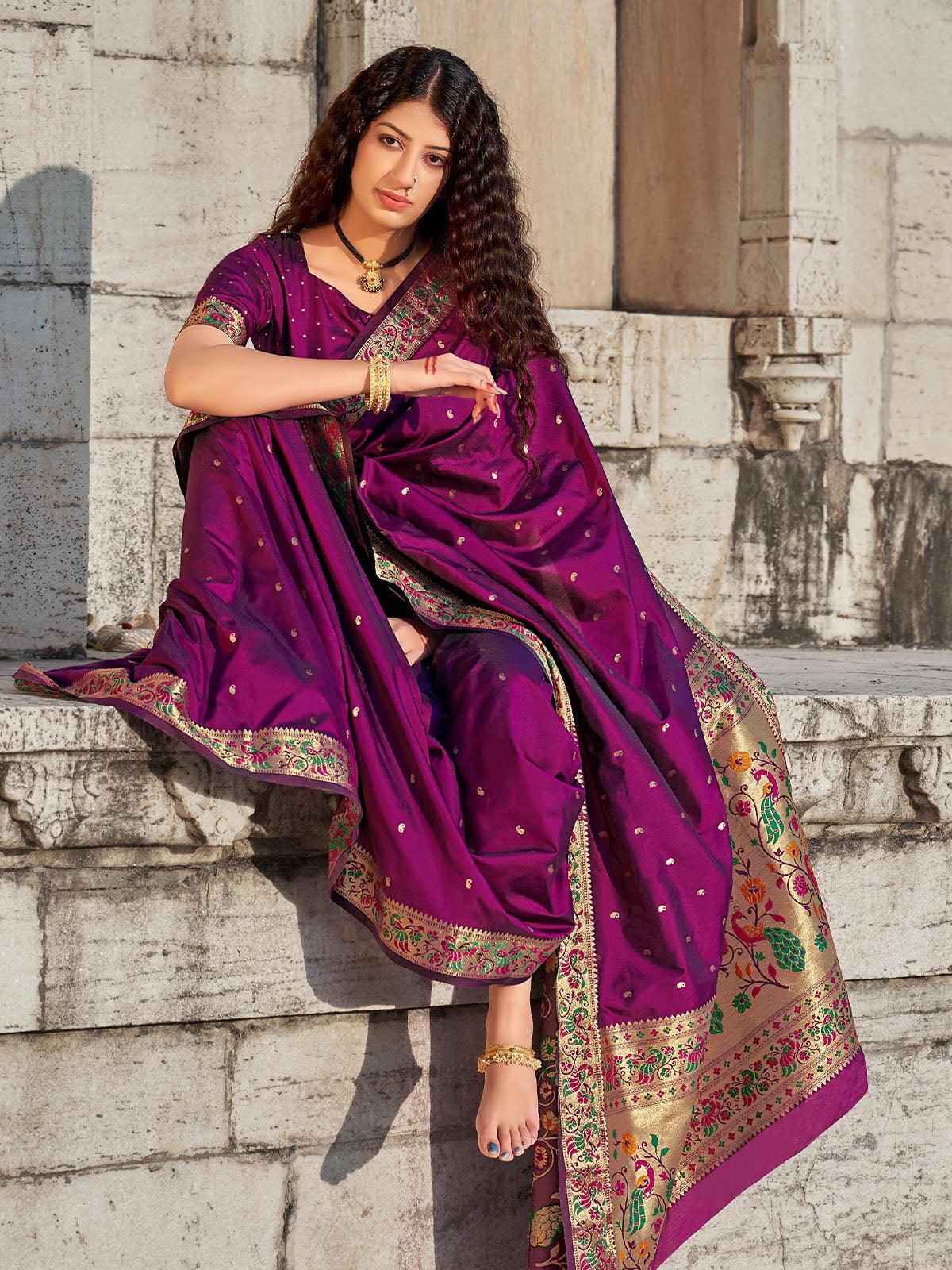 Women's Purple Unique Banarasi Silk Paithani Saree - Odette