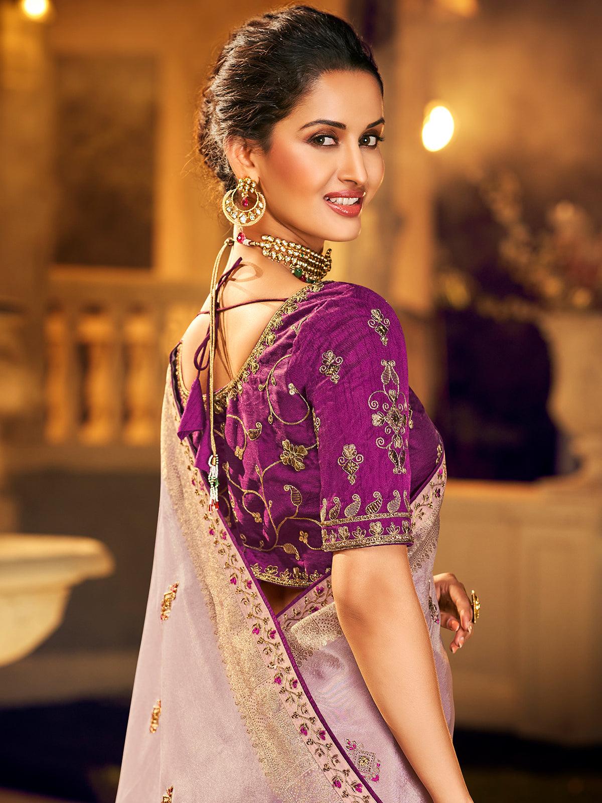 Women's Purple Viscose Abstract Designer Saree With Blouse - Odette
