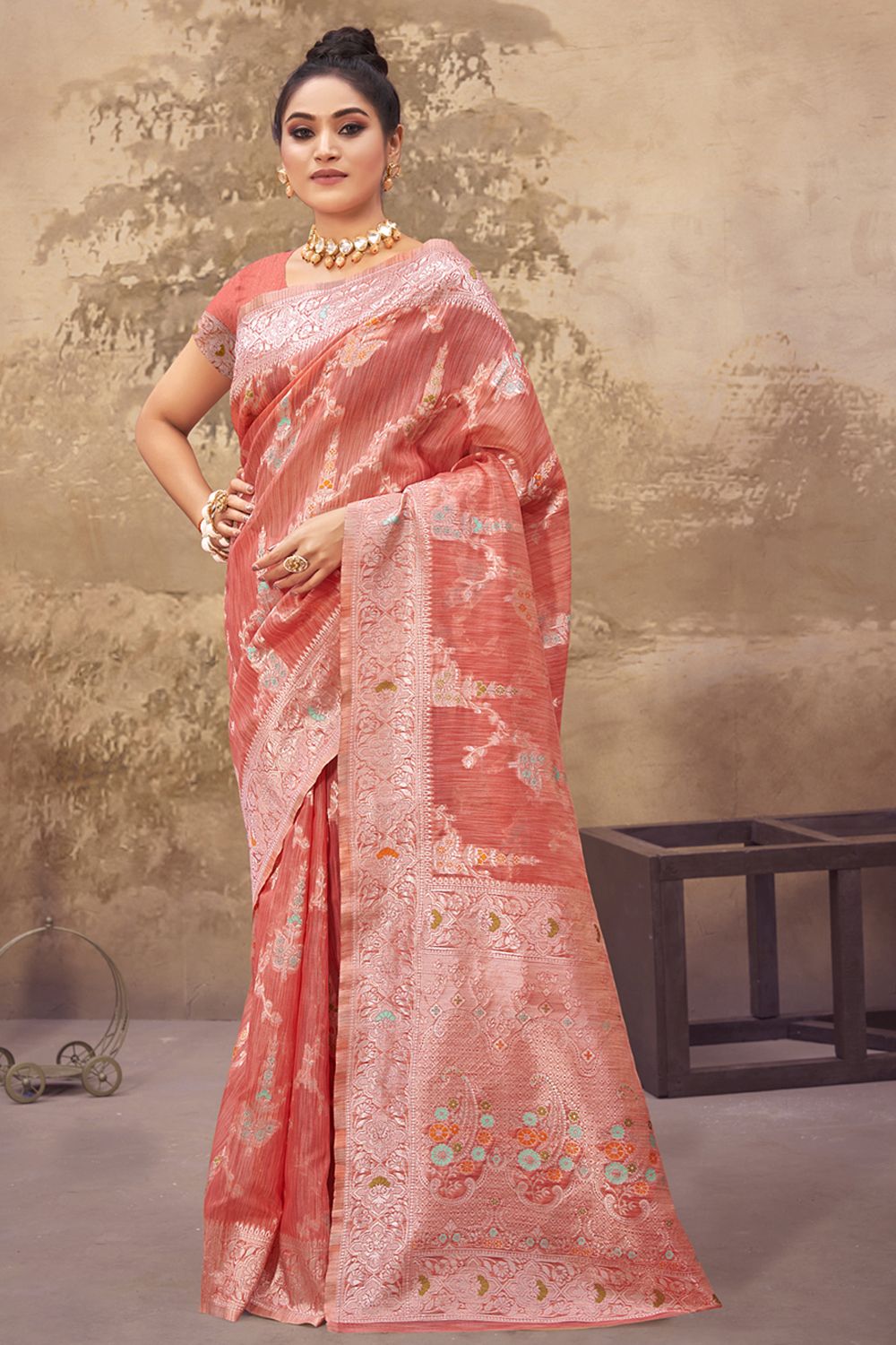 Women's Pink Cotton Silk Woven Zari Work Traditional Saree - Sangam Prints