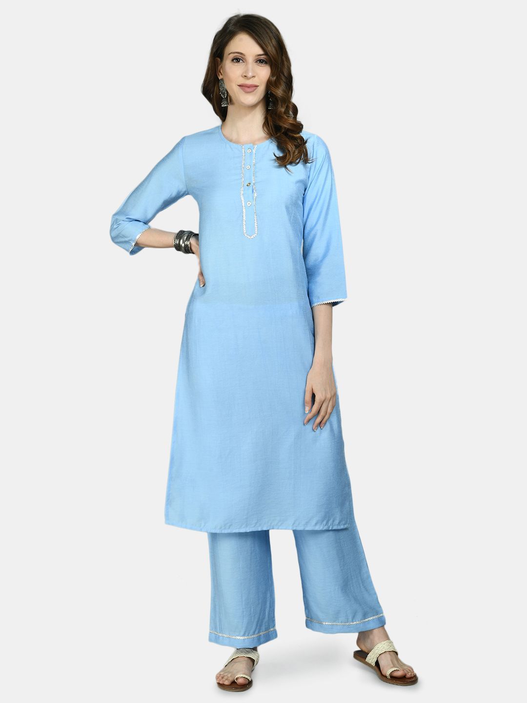 Women's Blue Cotton Solid 3/4 Sleeve Round Neck Casual Kurta Pant Dupatta Set - Myshka