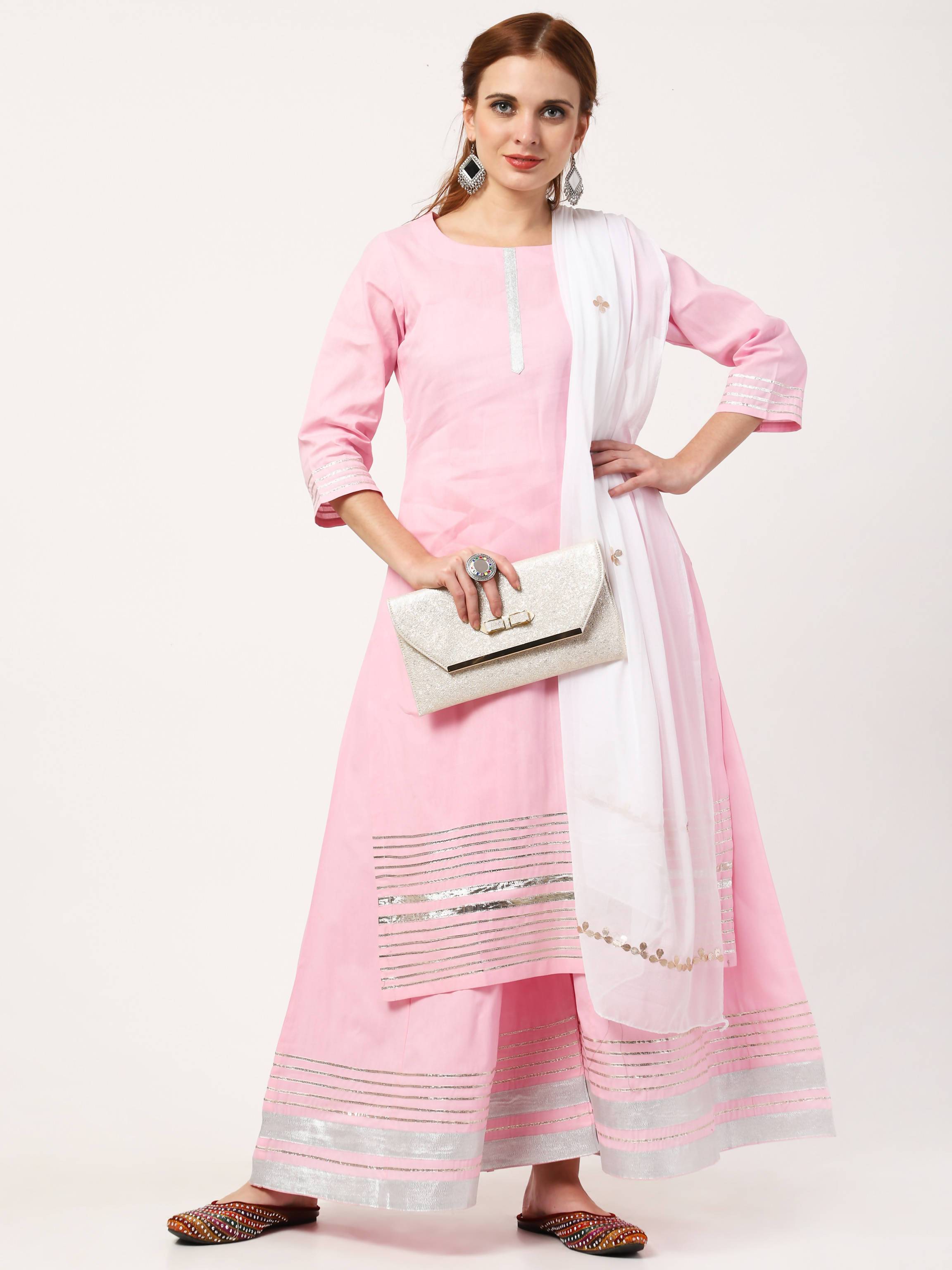 Women's Baby Pink Cotton Kurta Sharara Dupatta Set - Cheera