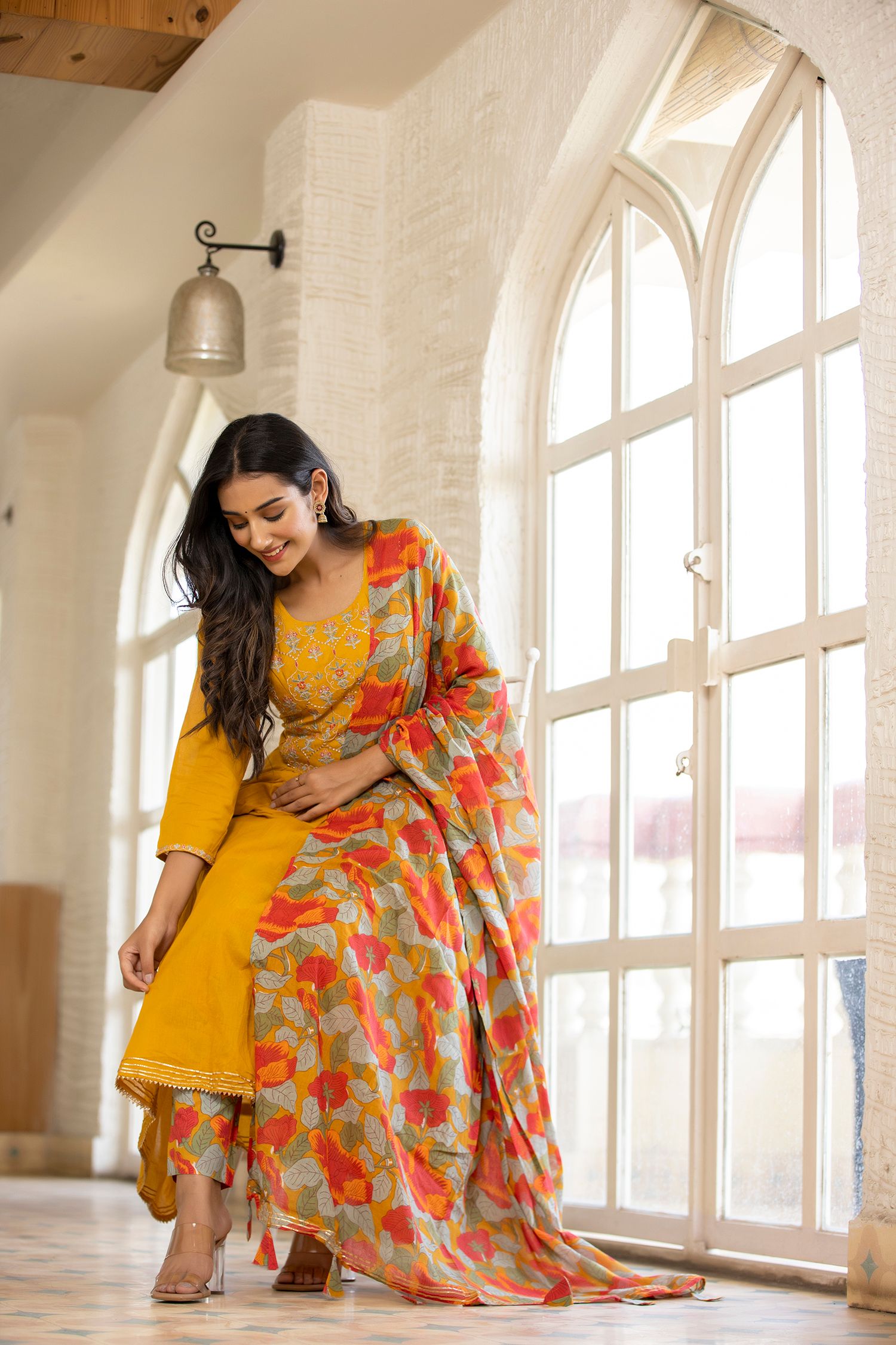 Women's Yellow Floral Print Anarkali Suit Set - KAAJH