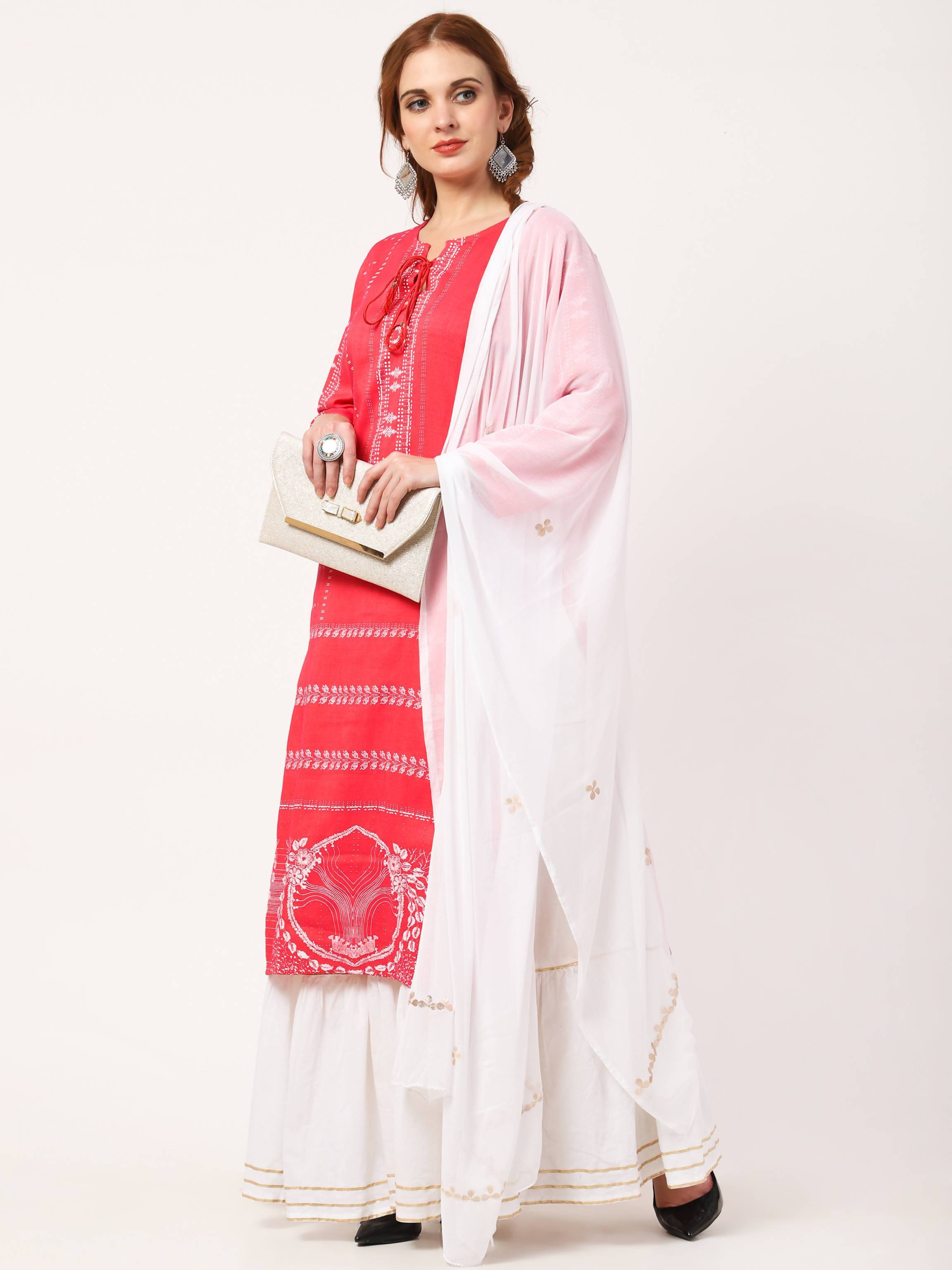 Women's Carrot Pink Viscose Rayon Kurta With Skirt & Embroidered Dupatta Set - Cheera
