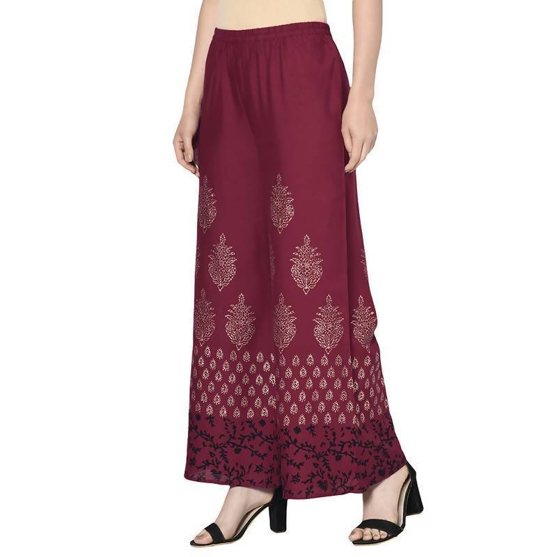 Women's Maroon Rayon Block Print Flared slip-on Palazzo