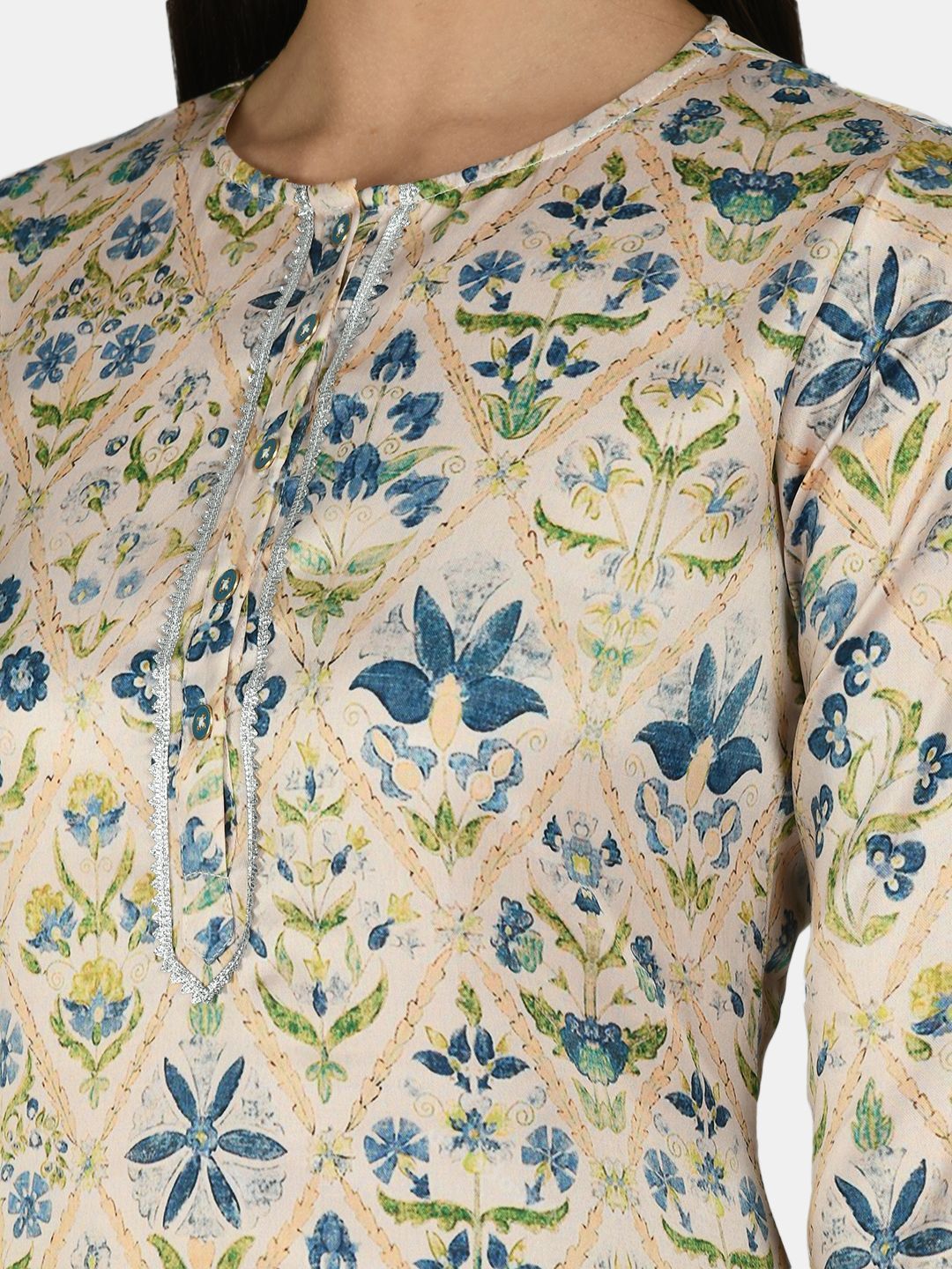 Women's Multi Silk Printed 3/4 Sleeve Round Neck Casual Kurta Palazzo Dupatta Set - Myshka