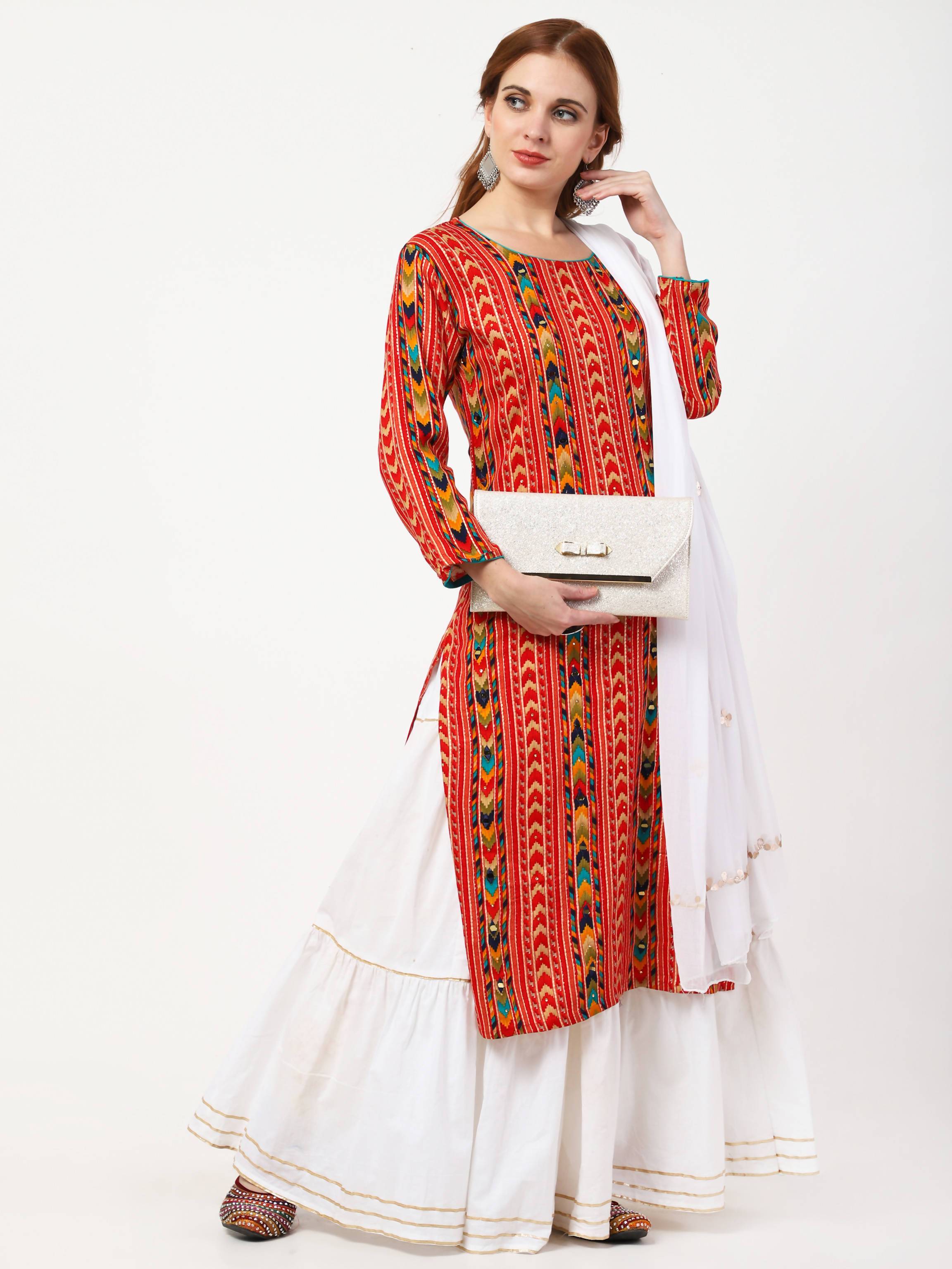 Women's Multicolor Viscose Rayon Kurta With Skirt & Embroidered Dupatta Set - Cheera