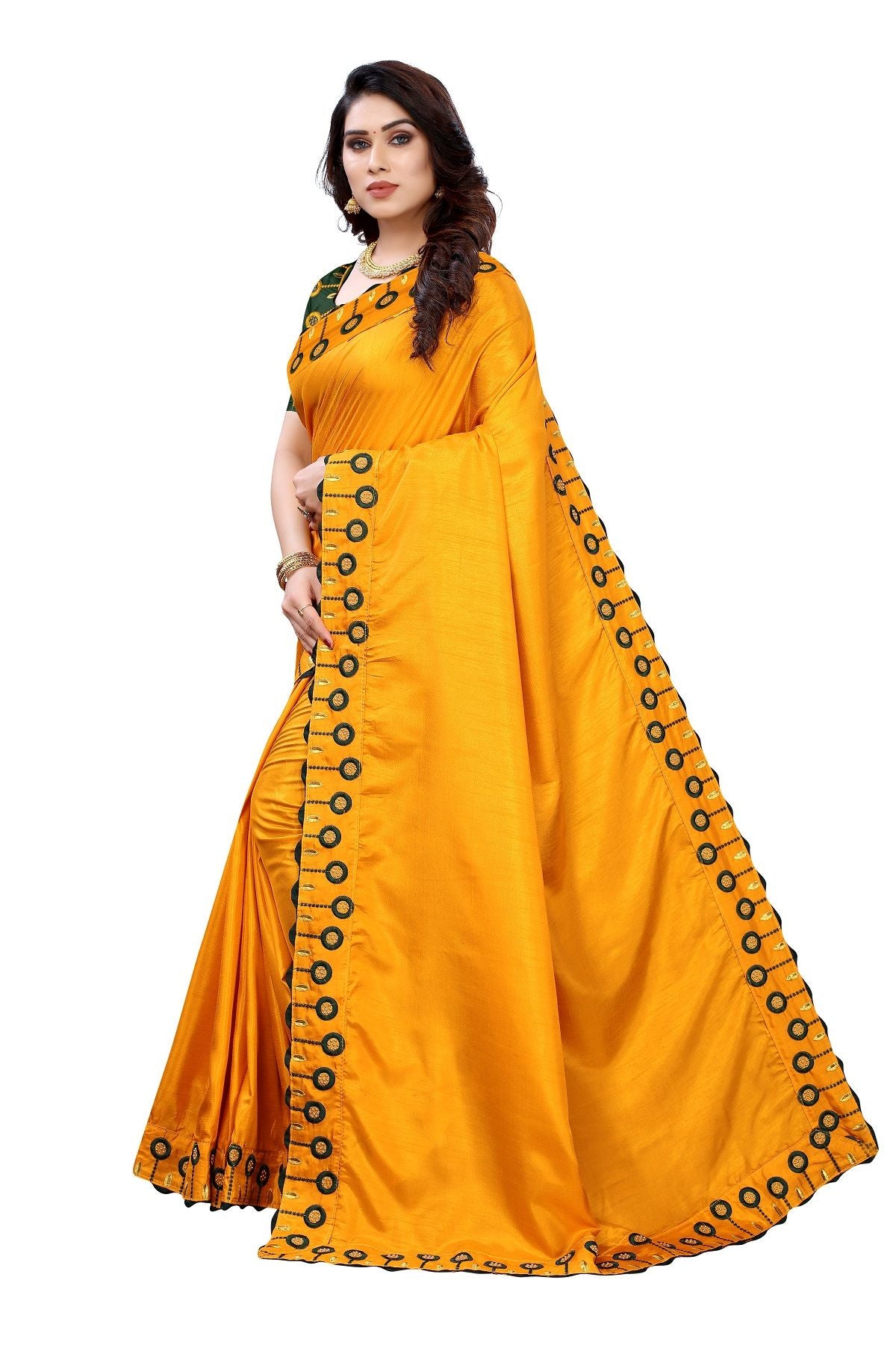 Women's Mustard Dola Silk Embroidery Saree With Blouse Piece  - Vamika