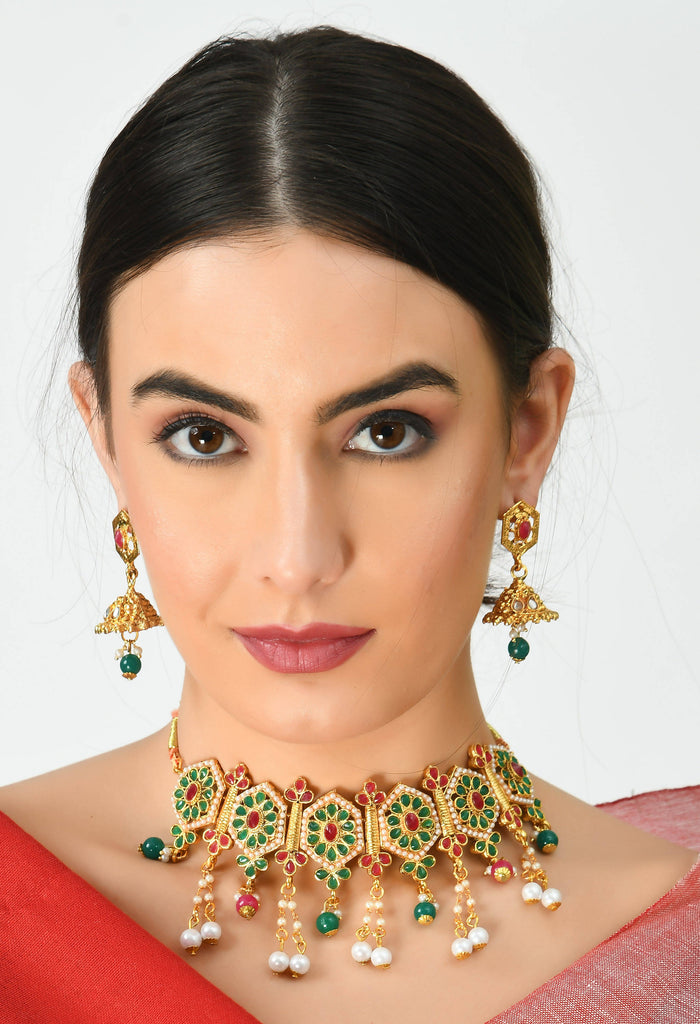 Kamal Johar Gold-Plated Chokar Jaipuri Necklace Multi color with Ear