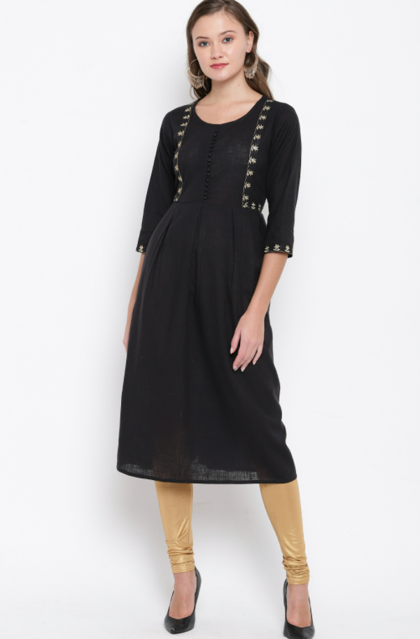 Women's Embroidered/Solid Anarkali Cotton Black Kurta (1Pc) - Vbuyz