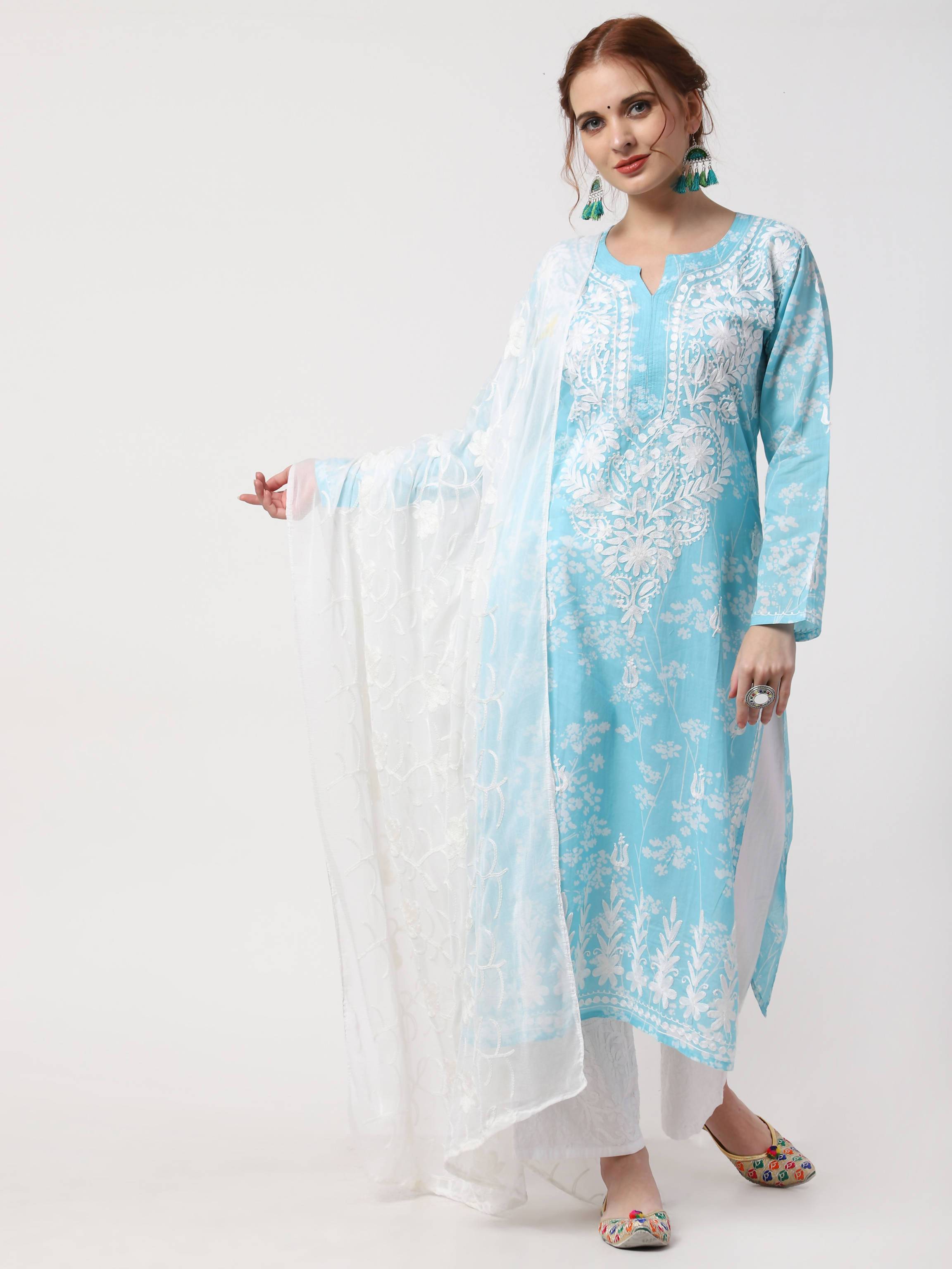 Women's Sky Blue & White Cotton Chikankari Kurta Palazzo & Dupatta Set - Cheera