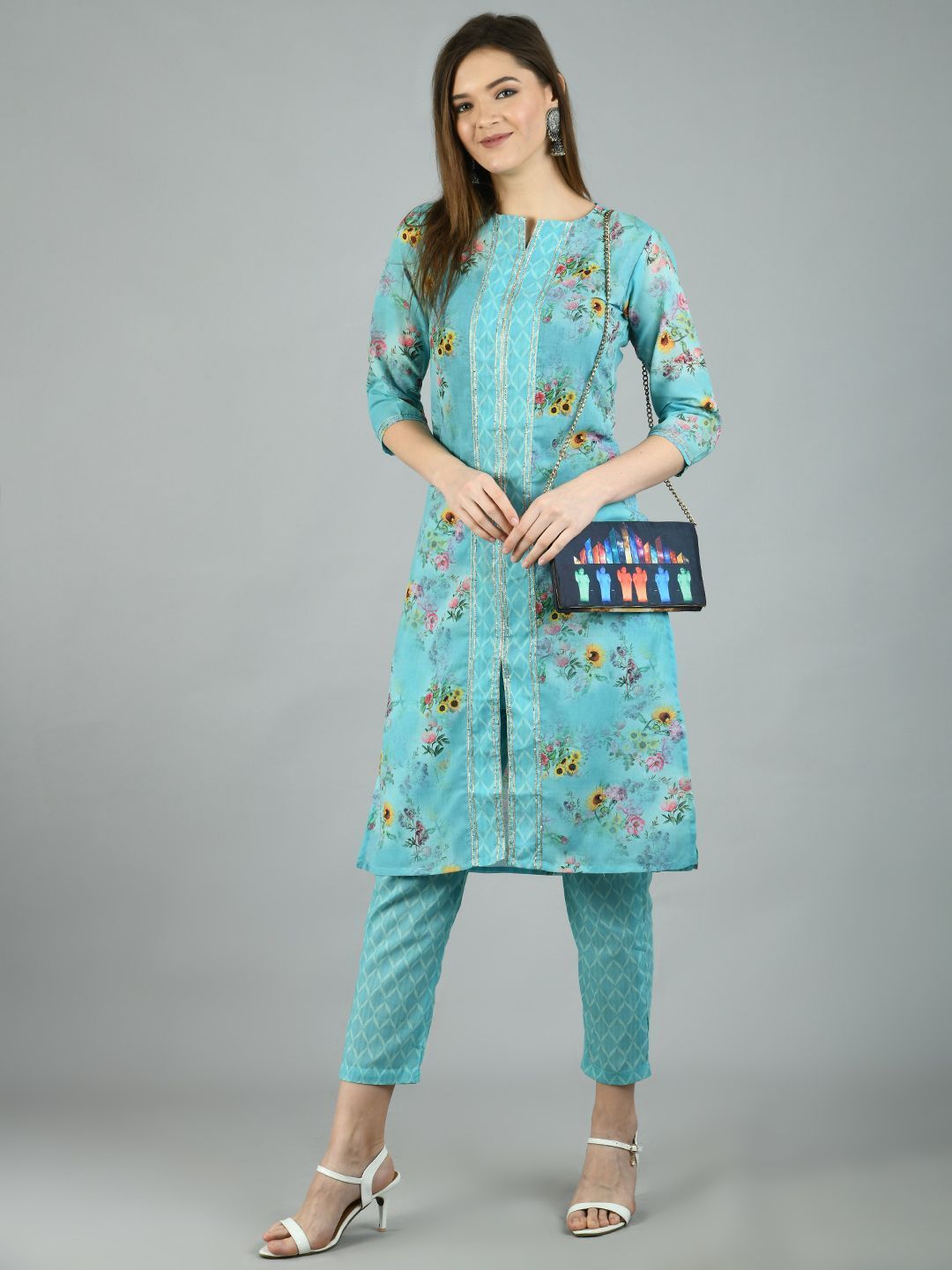 Women's Blue Poly Cotton Printed 3/4 Sleeve Round Neck Casual Kurta Pant Set - Myshka