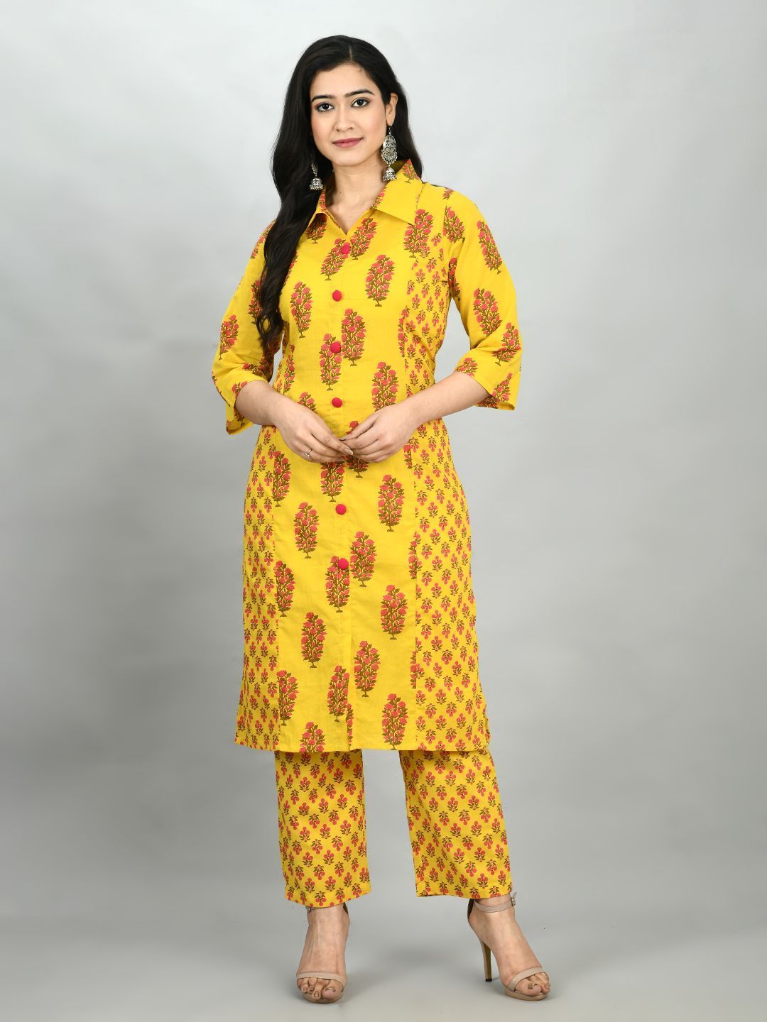 Women's Yellow Cotton Printed 3/4 Sleeve Shirt Coller Casual Kurta Pant Set - Myshka