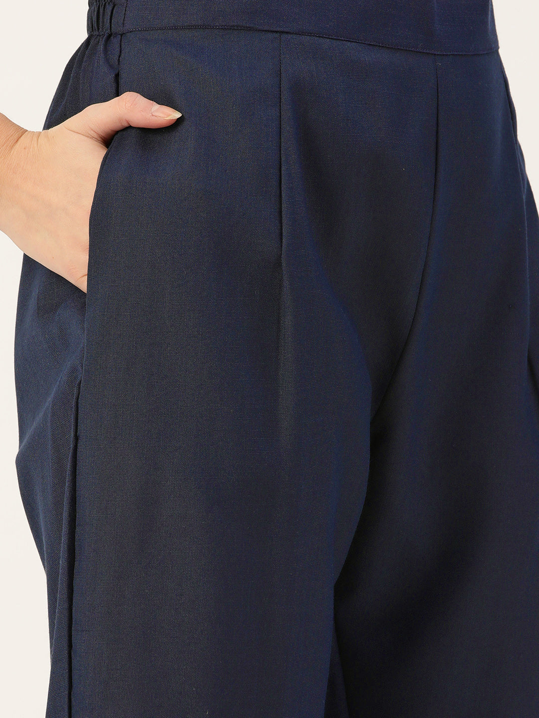 Women's Navy Cotton Blend Panelled Printed Straight Kurta Trouser Set With Dupatta - Vaaba