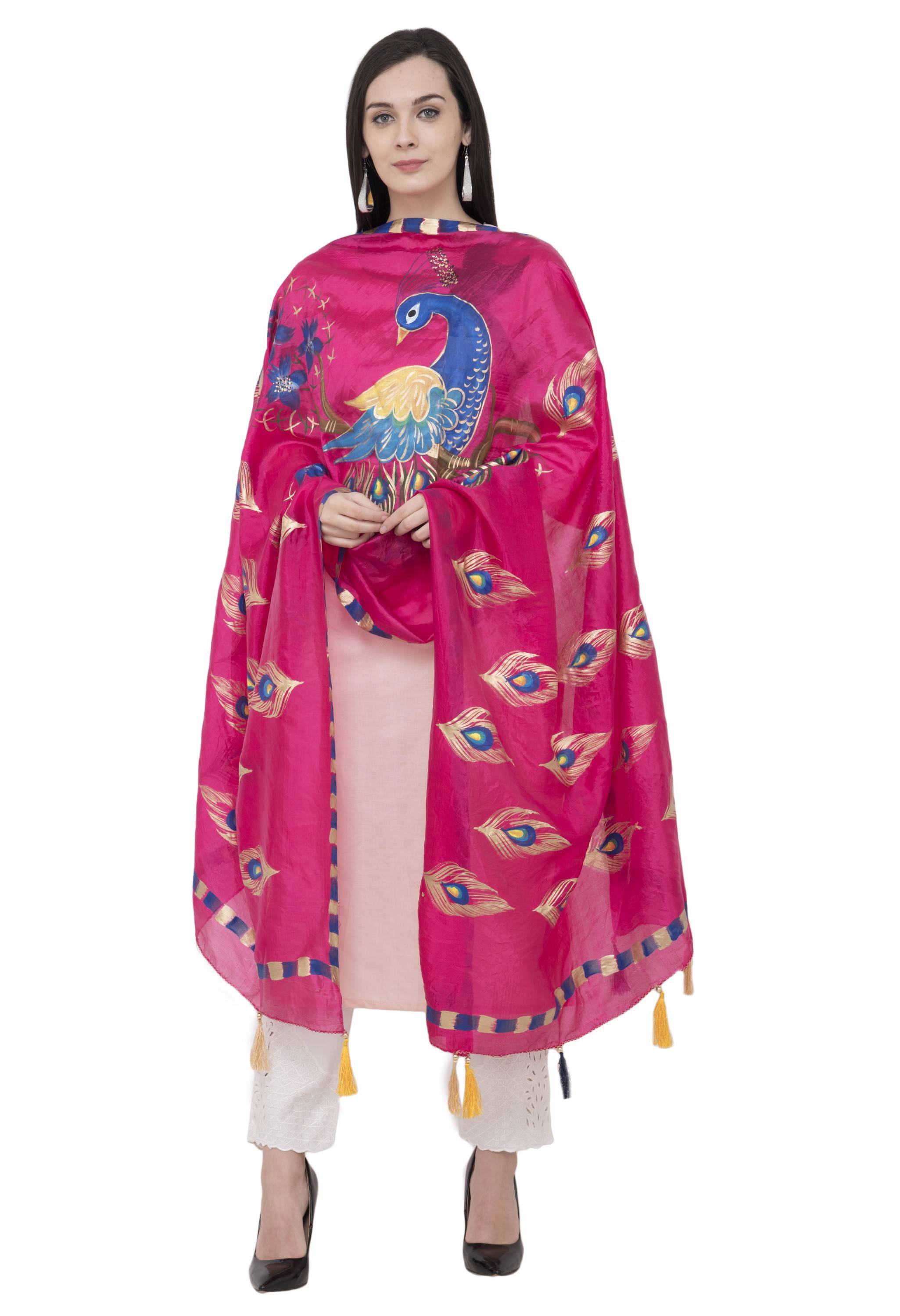 A R Silk Silk Peacock Multi Fancy Dupatta Color Rani Dupatta or Chunni