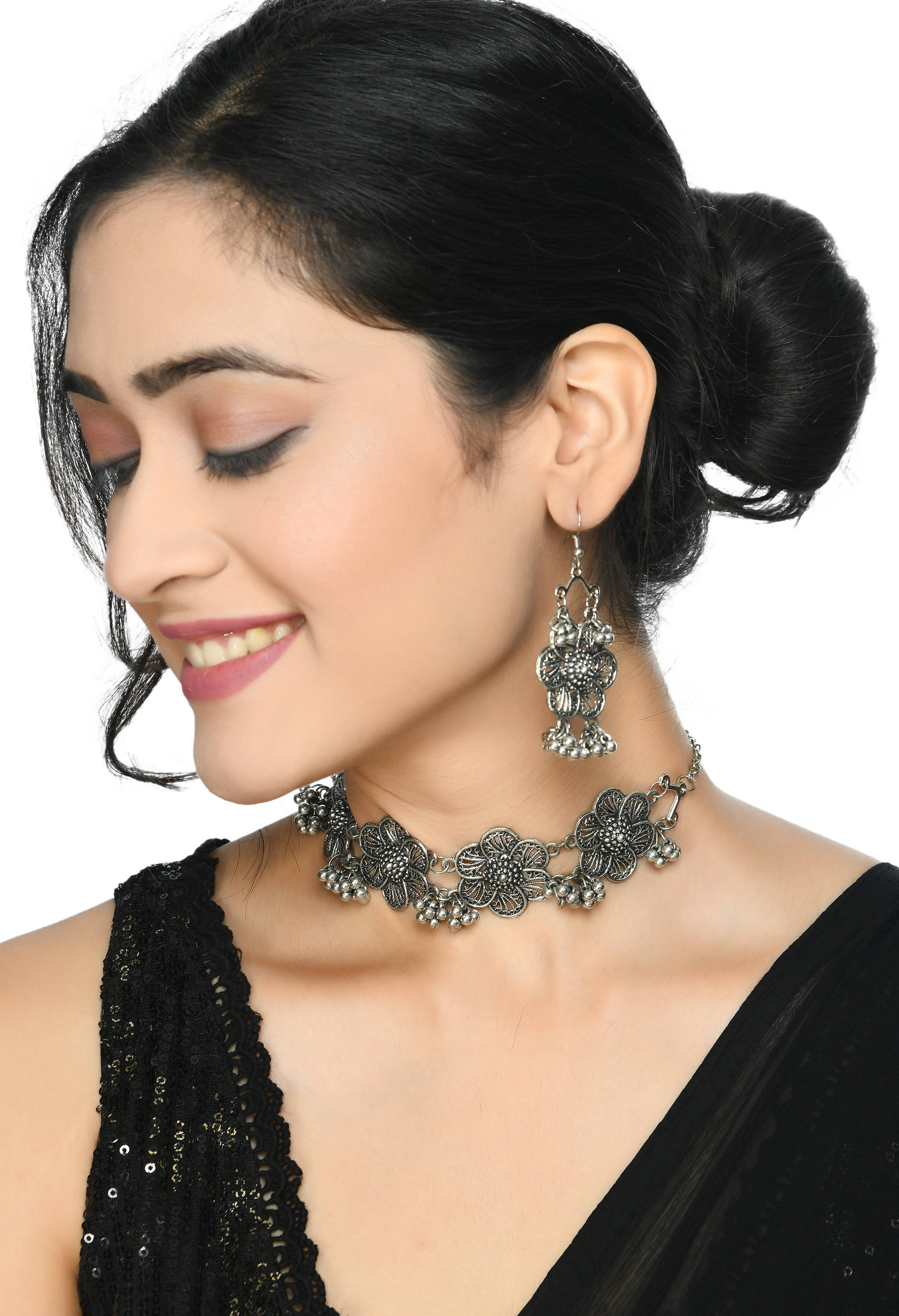 Trendia Silver color Oxidised Necklace Set With Ghungru Jkms_115